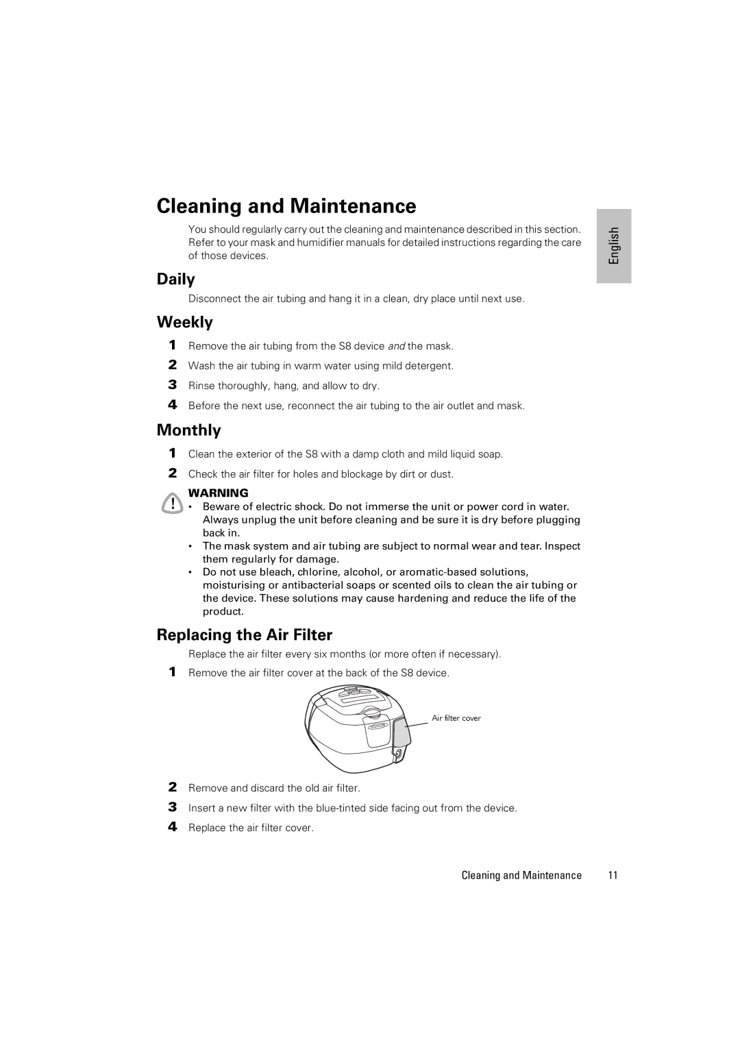 ResMed S8 Auto 25 manual Cleaning and Maintenance, Daily, Weekly, Monthly, Replacing the Air Filter 