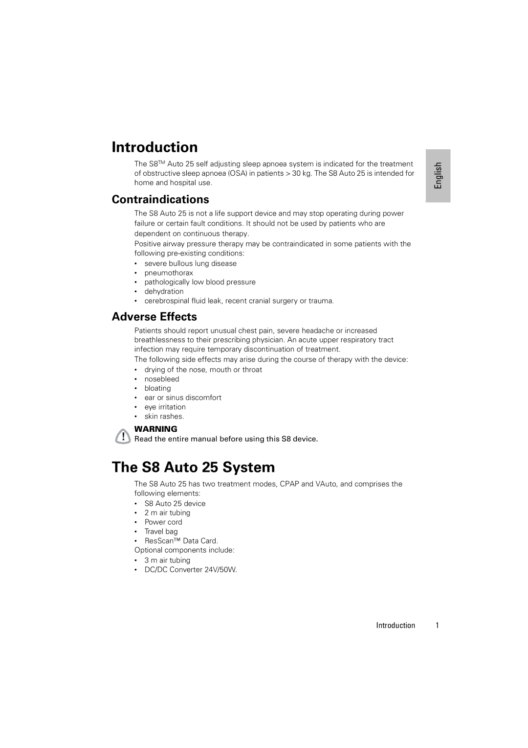 ResMed manual Introduction, S8 Auto 25 System, Contraindications, Adverse Effects 