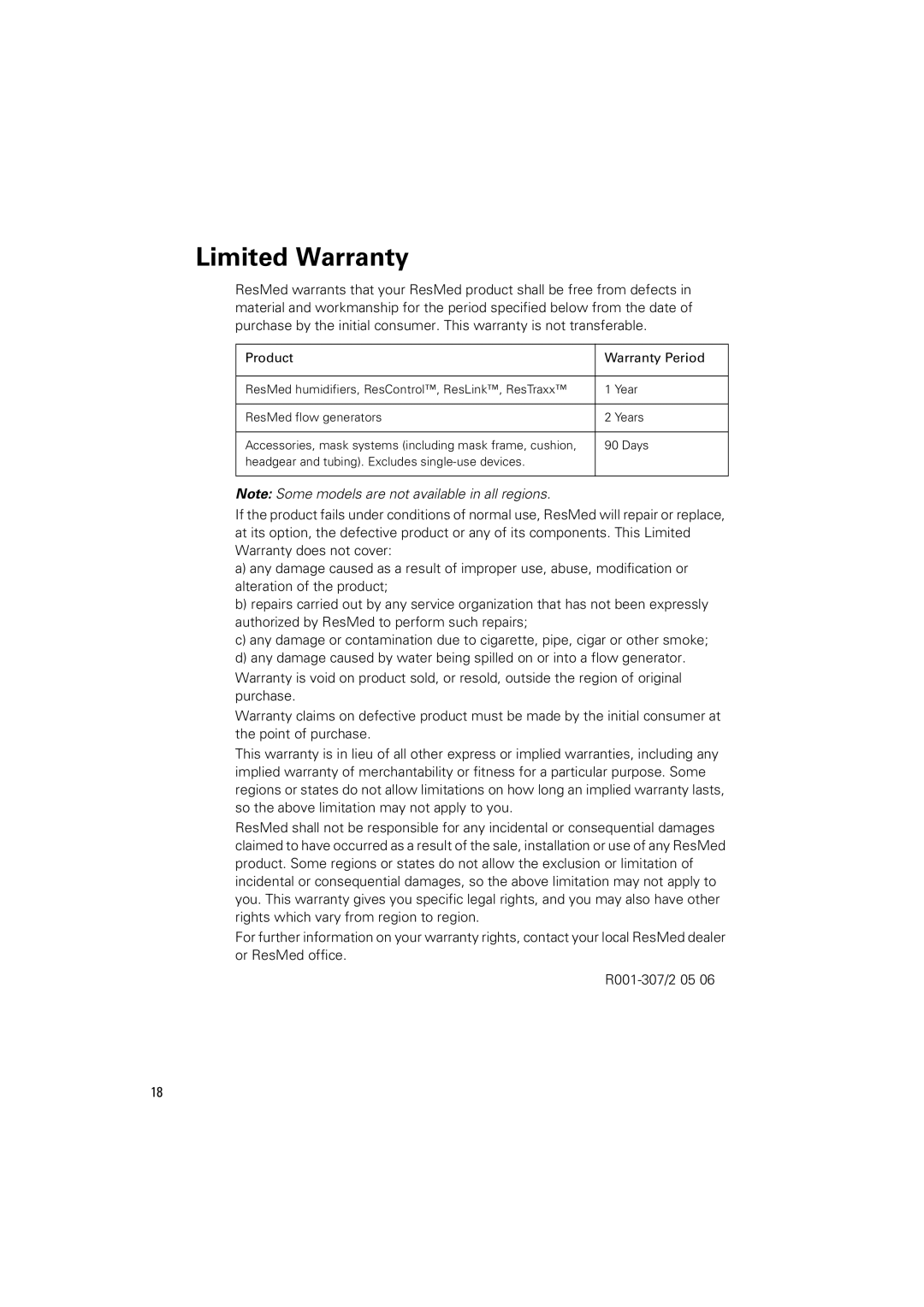 ResMed S8 AUTOSETTM II, S8 ELITETM II manual Limited Warranty 