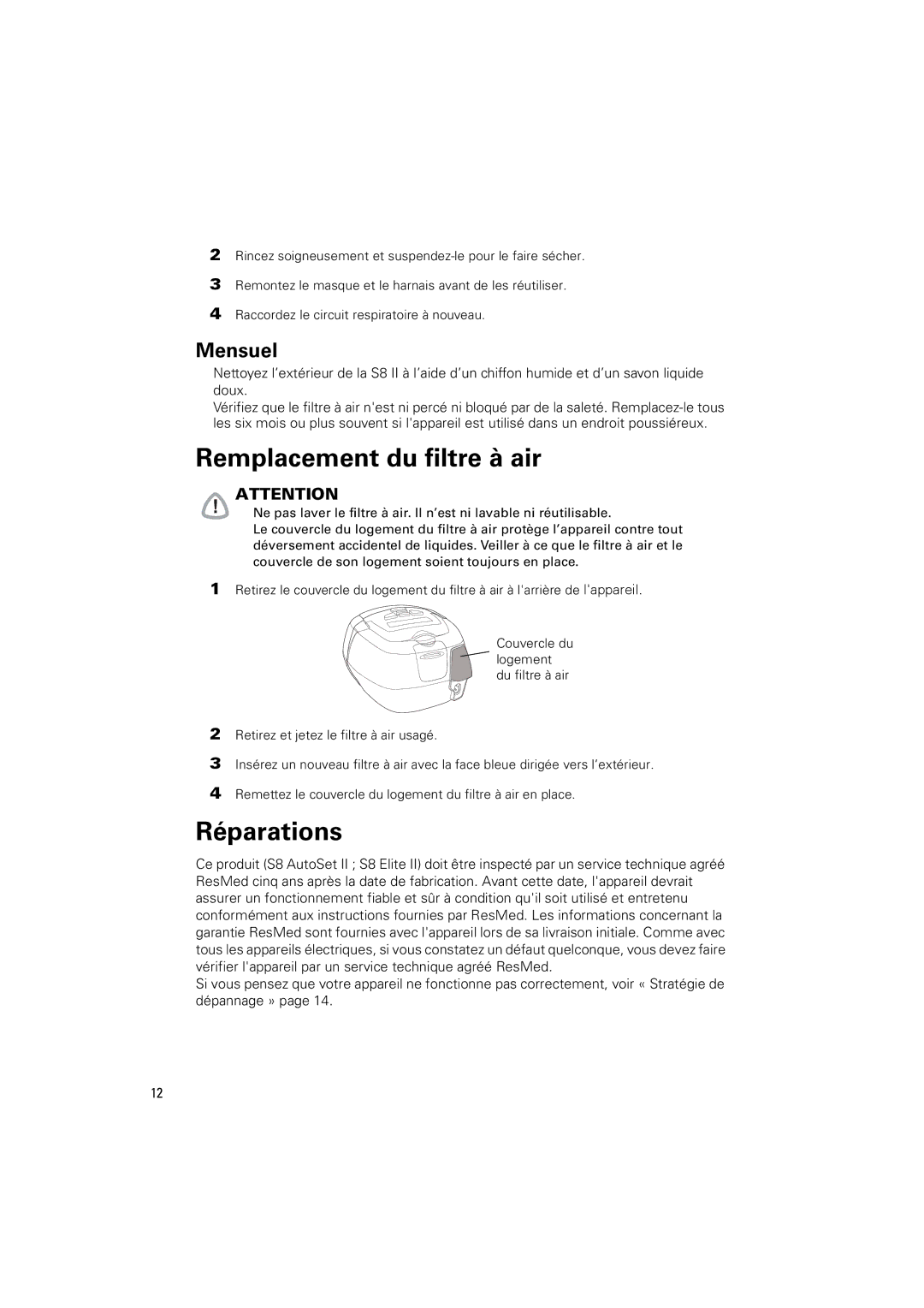 ResMed S8 AUTOSETTM II, S8 ELITETM II manual Remplacement du filtre à air, Réparations, Mensuel 