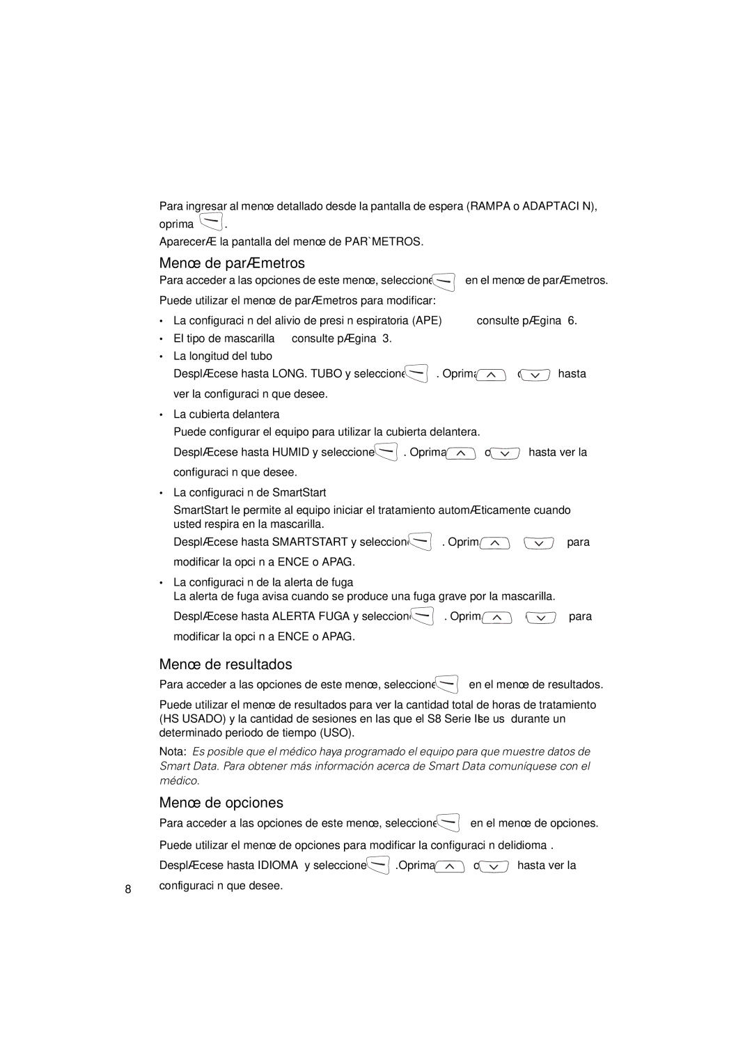 ResMed S8 AUTOSETTM II, S8 ELITETM II manual Menú de parámetros, Menú de resultados, Menú de opciones 