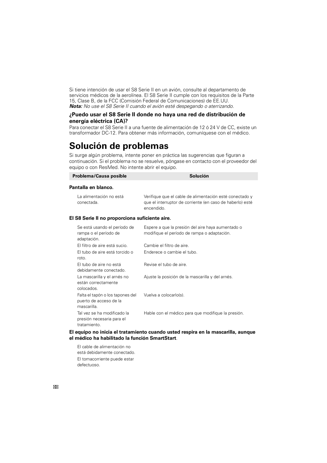 ResMed S8 AUTOSETTM II manual Solución de problemas, Pantalla en blanco, El S8 Serie II no proporciona suficiente aire 