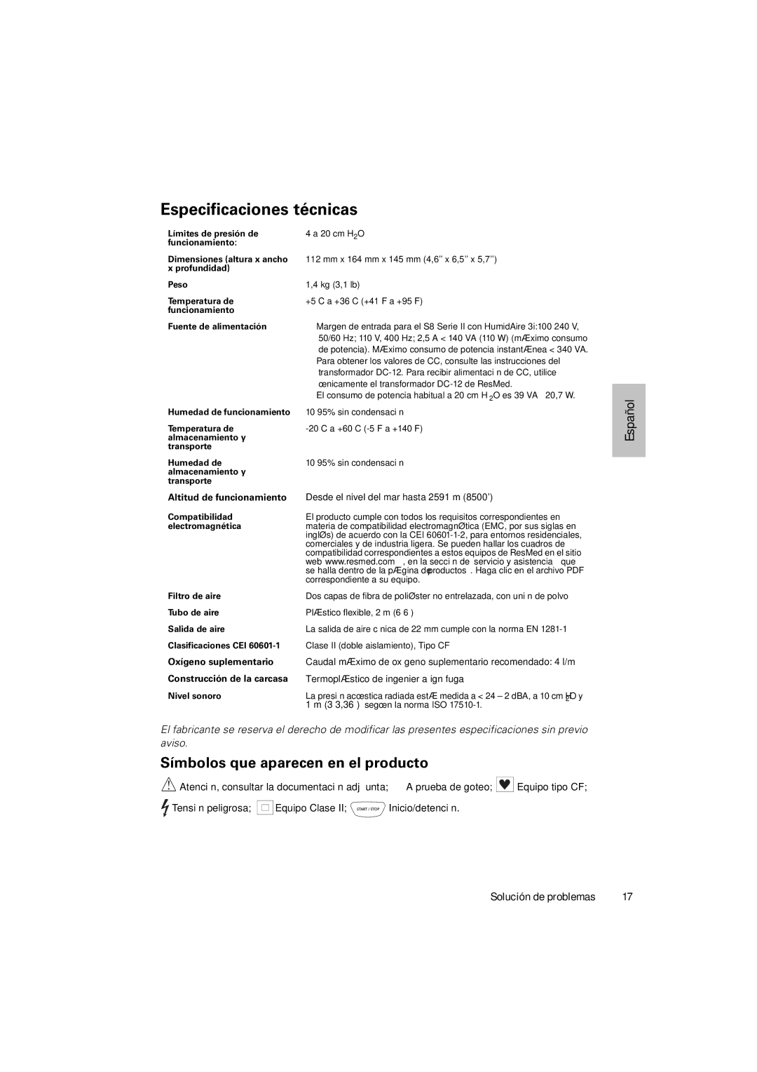 ResMed S8 ELITETM II, S8 AUTOSETTM II manual Especificaciones técnicas, Símbolos que aparecen en el producto 