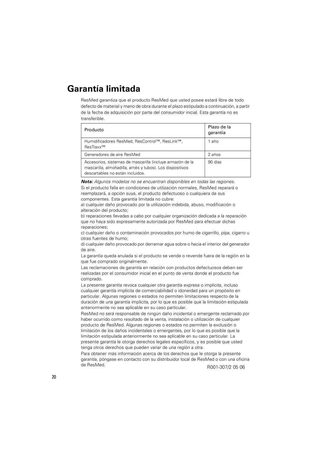 ResMed S8 AUTOSETTM II, S8 ELITETM II manual Garantía limitada 