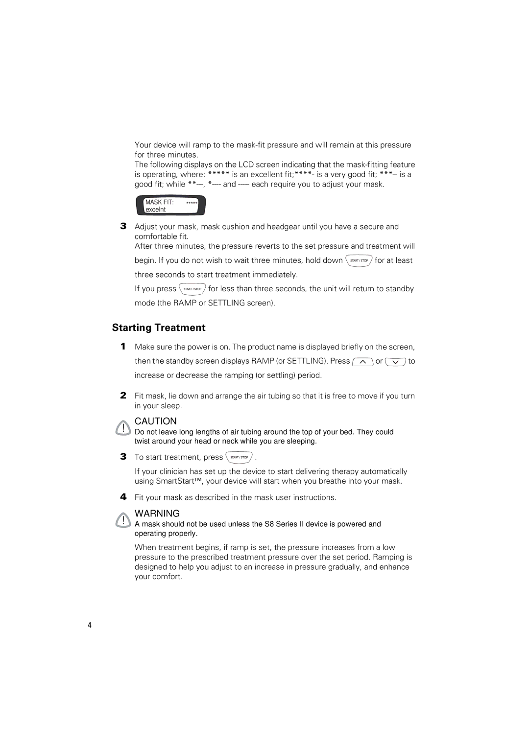 ResMed S8 AUTOSETTM II, S8 ELITETM II manual Starting Treatment 