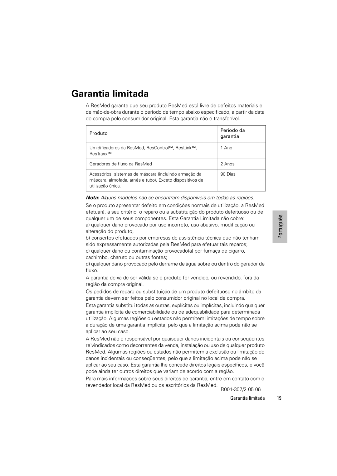 ResMed S8 ELITETM II, S8 AUTOSETTM II manual Garantia limitada 