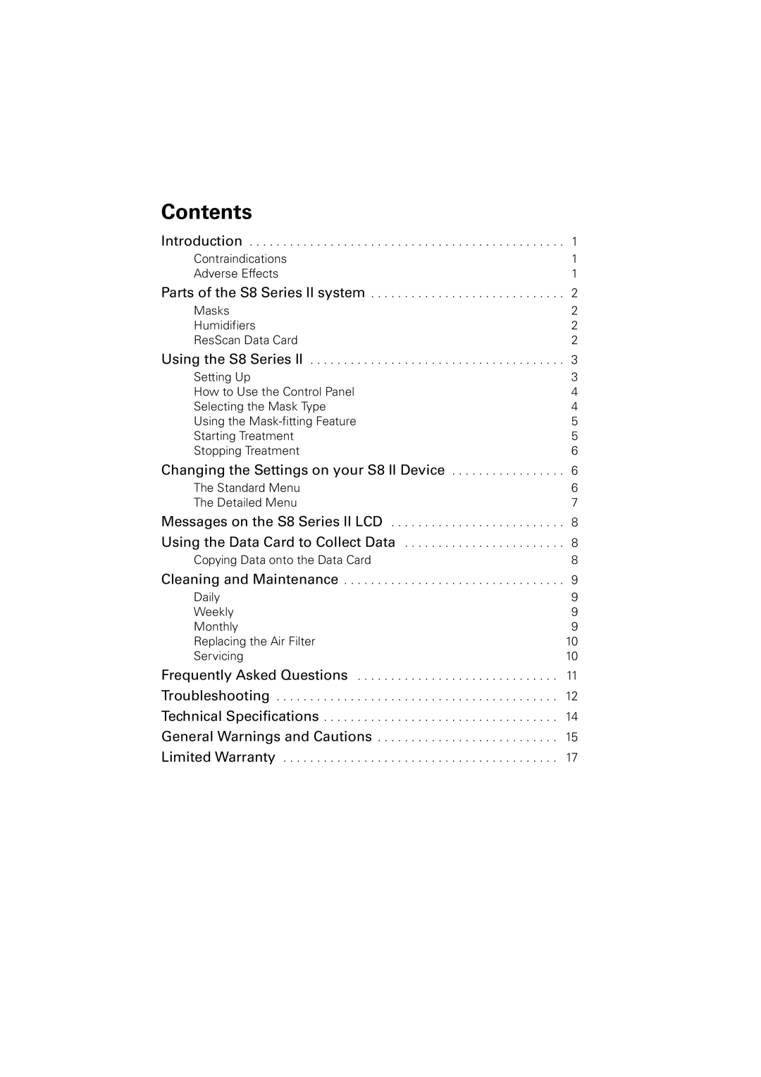 ResMed S8 Elite II manual Contents 