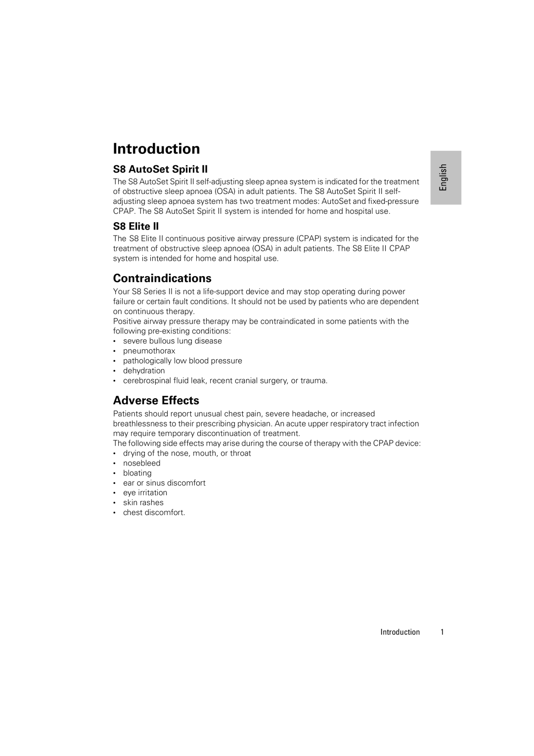 ResMed S8 Elite II manual Introduction, Contraindications, Adverse Effects 