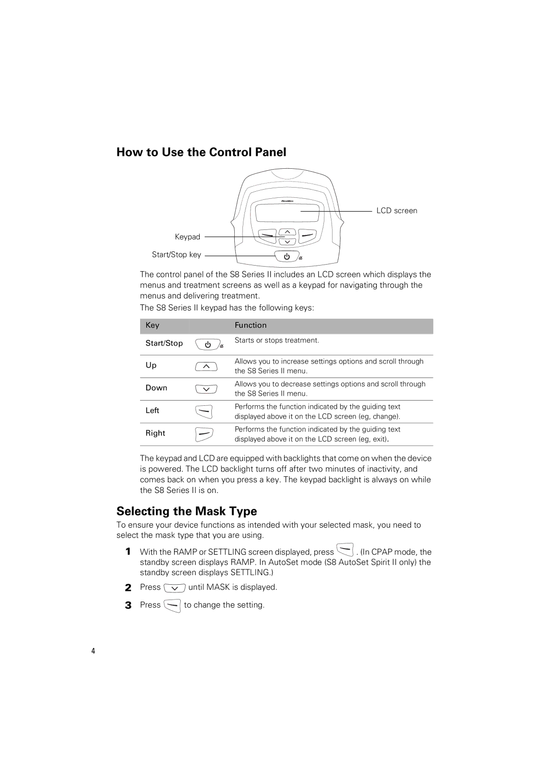 ResMed S8 Elite II manual How to Use the Control Panel, Selecting the Mask Type 