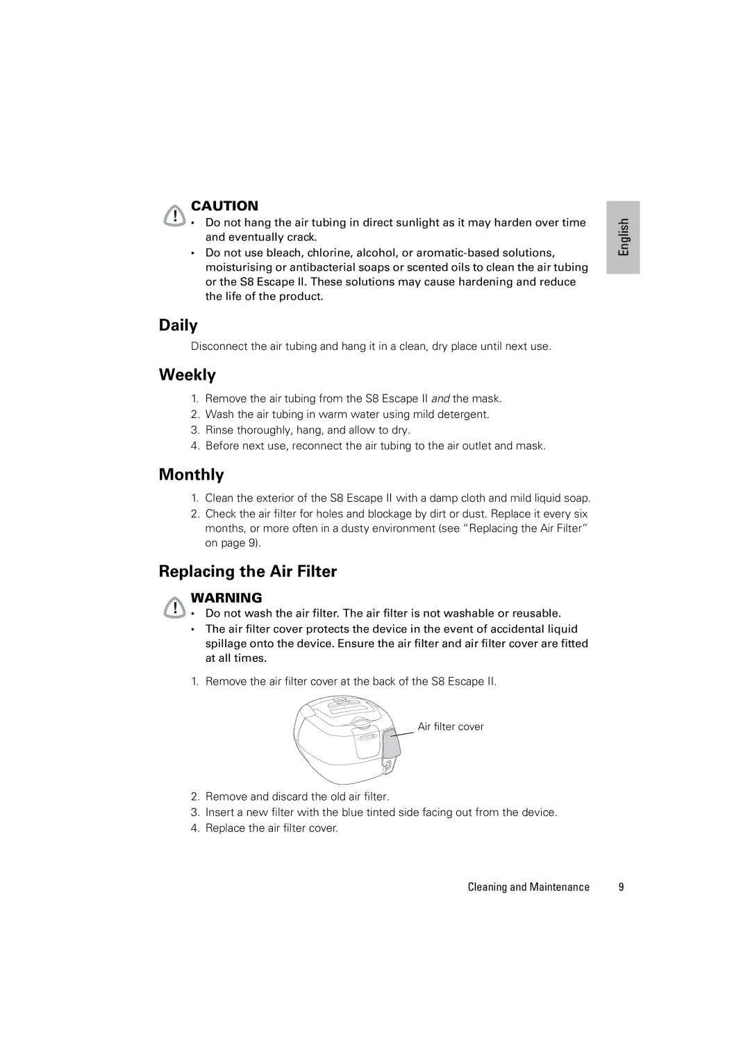 ResMed S8 Escape II manual Daily, Weekly, Monthly, Replacing the Air Filter 