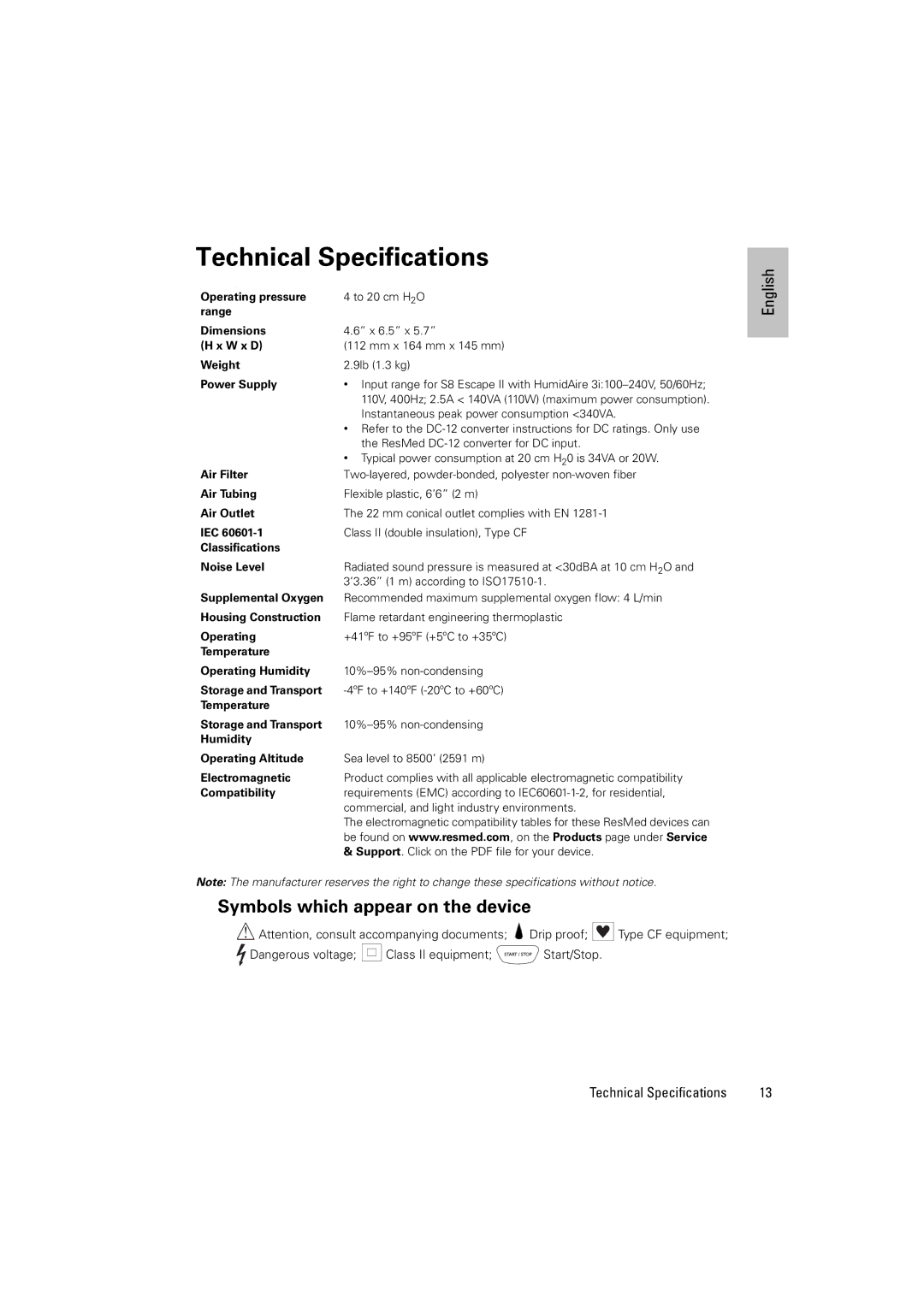 ResMed S8 Escape II manual Technical Specifications, Symbols which appear on the device 