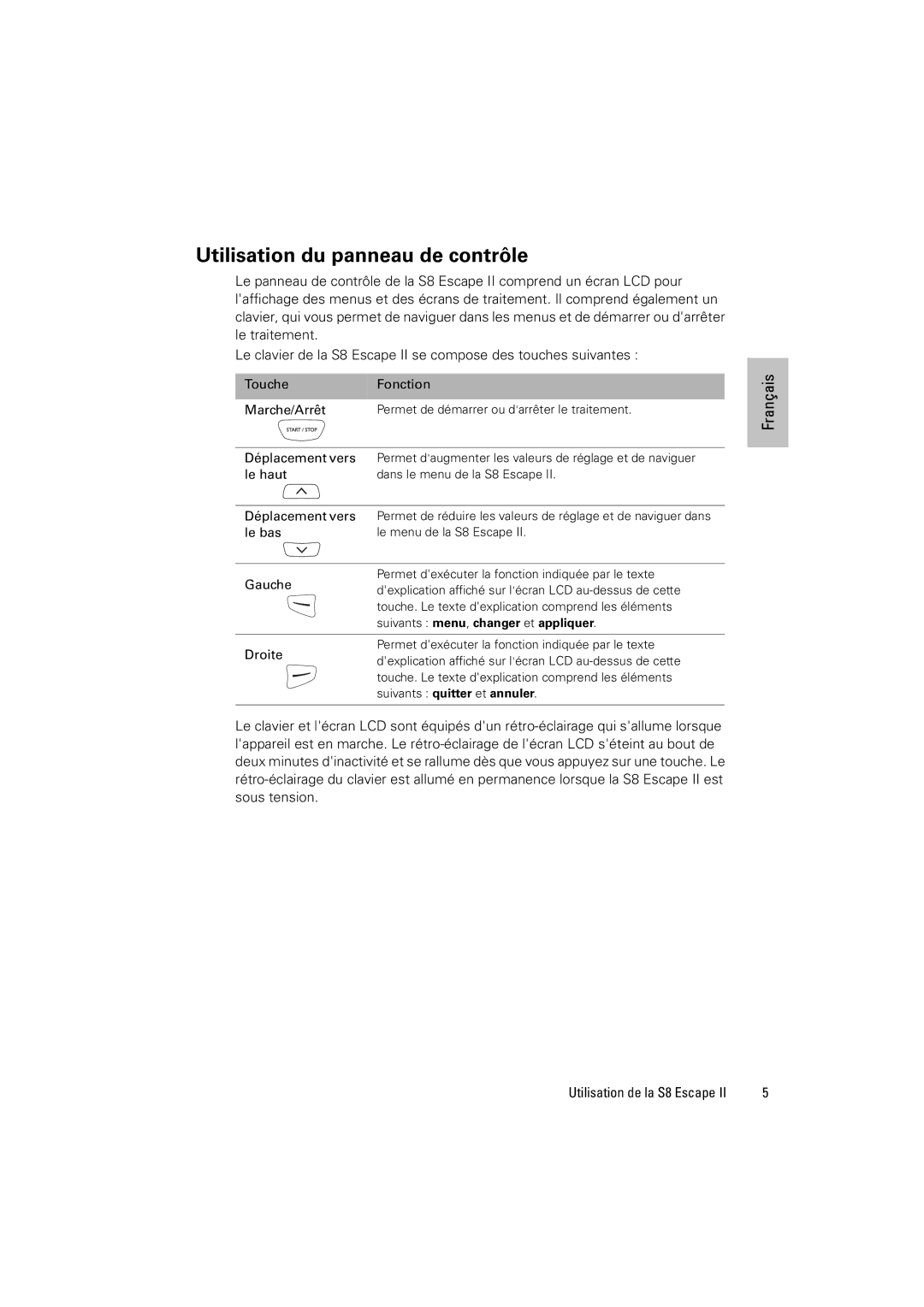 ResMed S8 Escape II manual Utilisation du panneau de contrôle, Suivants menu , changer et appliquer 