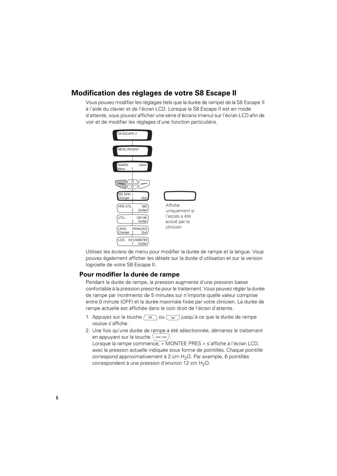 ResMed S8 Escape II manual Modification des réglages de votre S8 Escape, Pour modifier la durée de rampe 