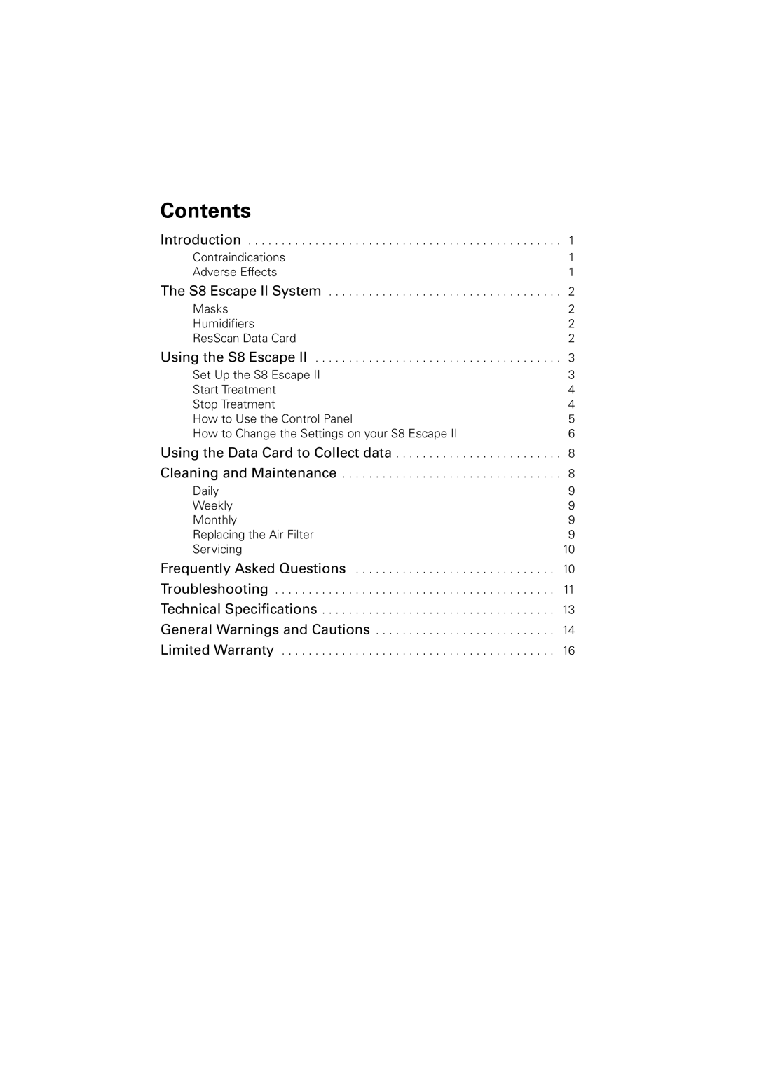 ResMed S8 Escape II manual Contents 