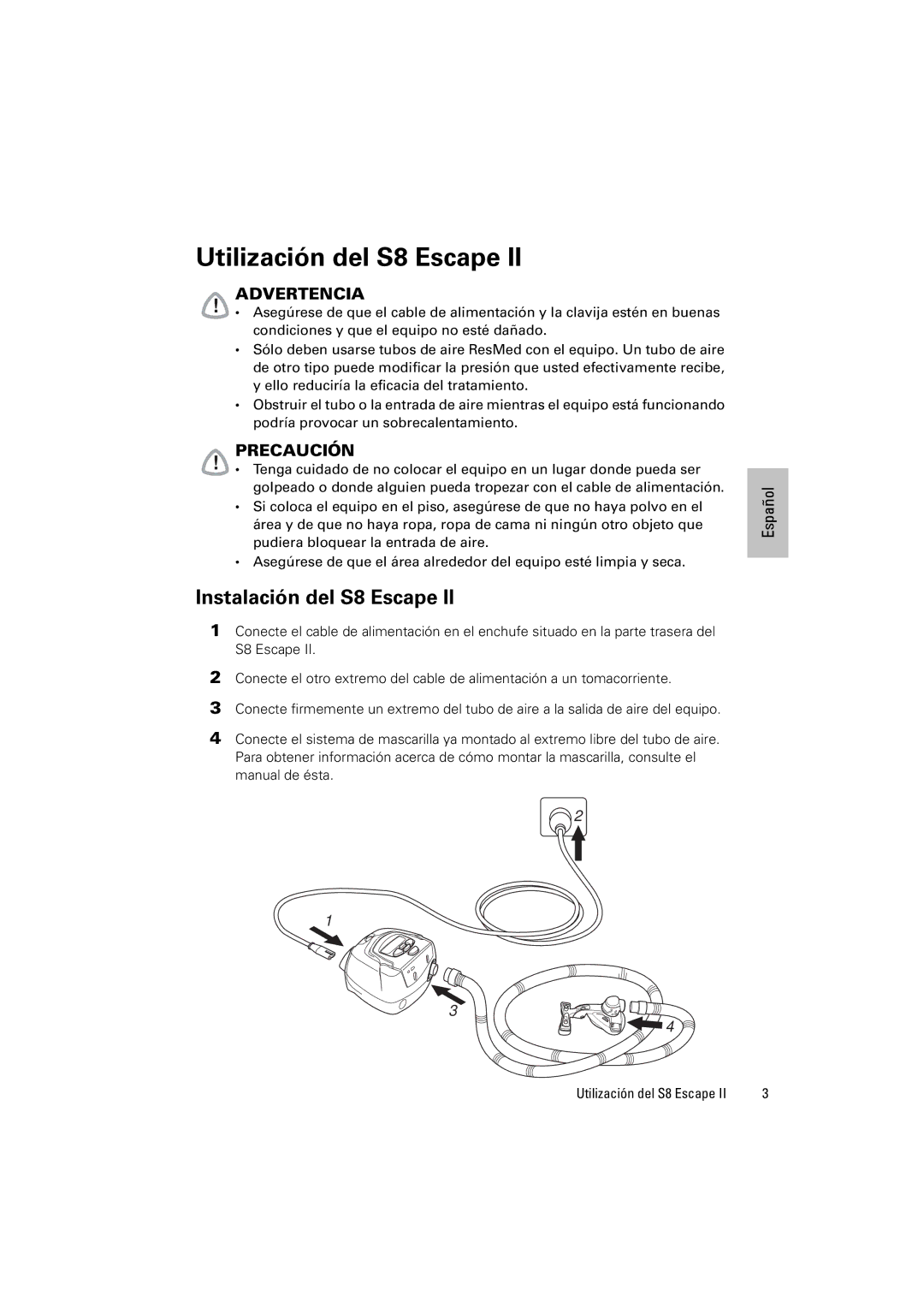 ResMed S8 Escape II manual Utilización del S8 Escape, Instalación del S8 Escape 