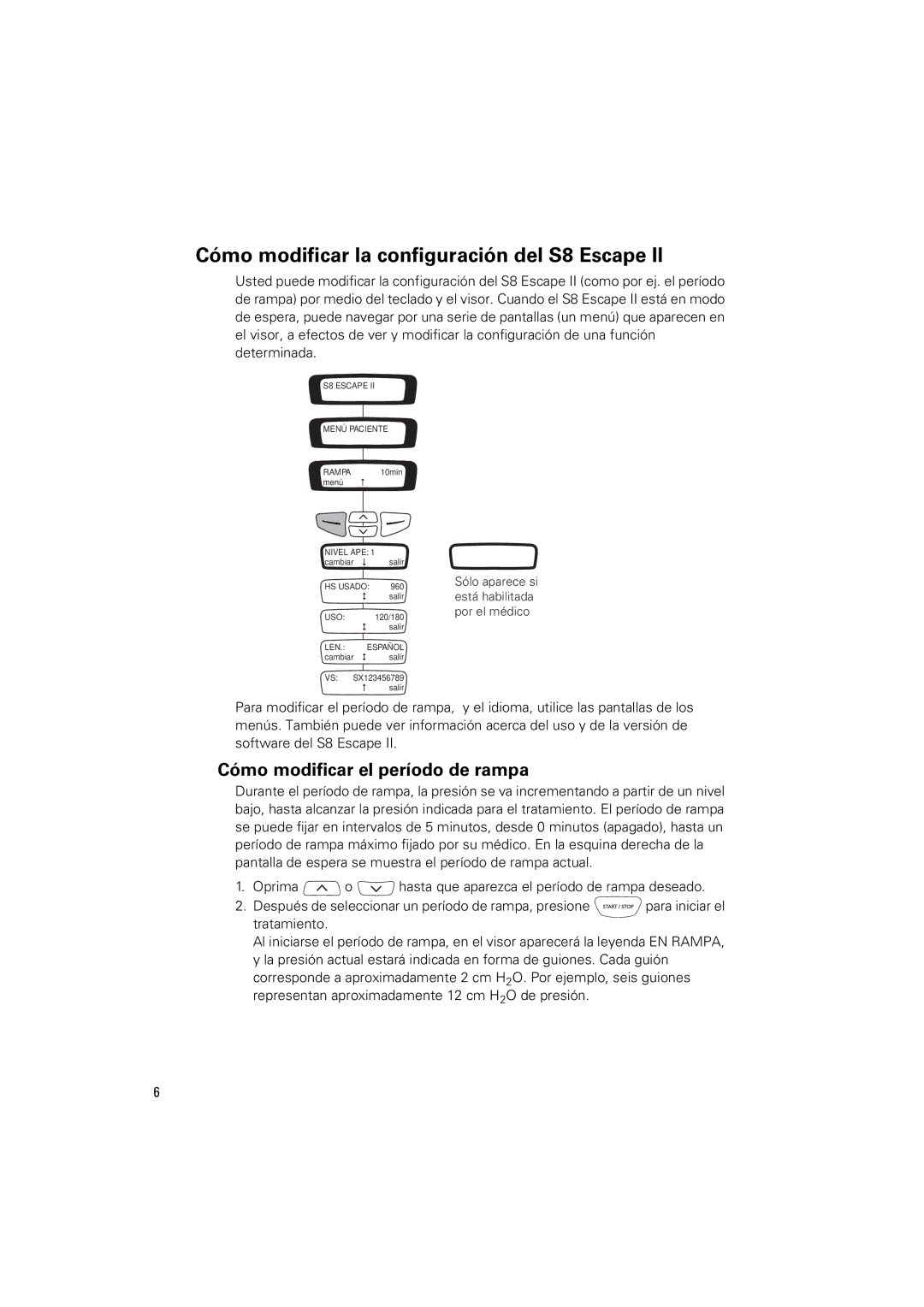 ResMed S8 Escape II manual Cómo modificar la configuración del S8 Escape, Cómo modificar el período de rampa 