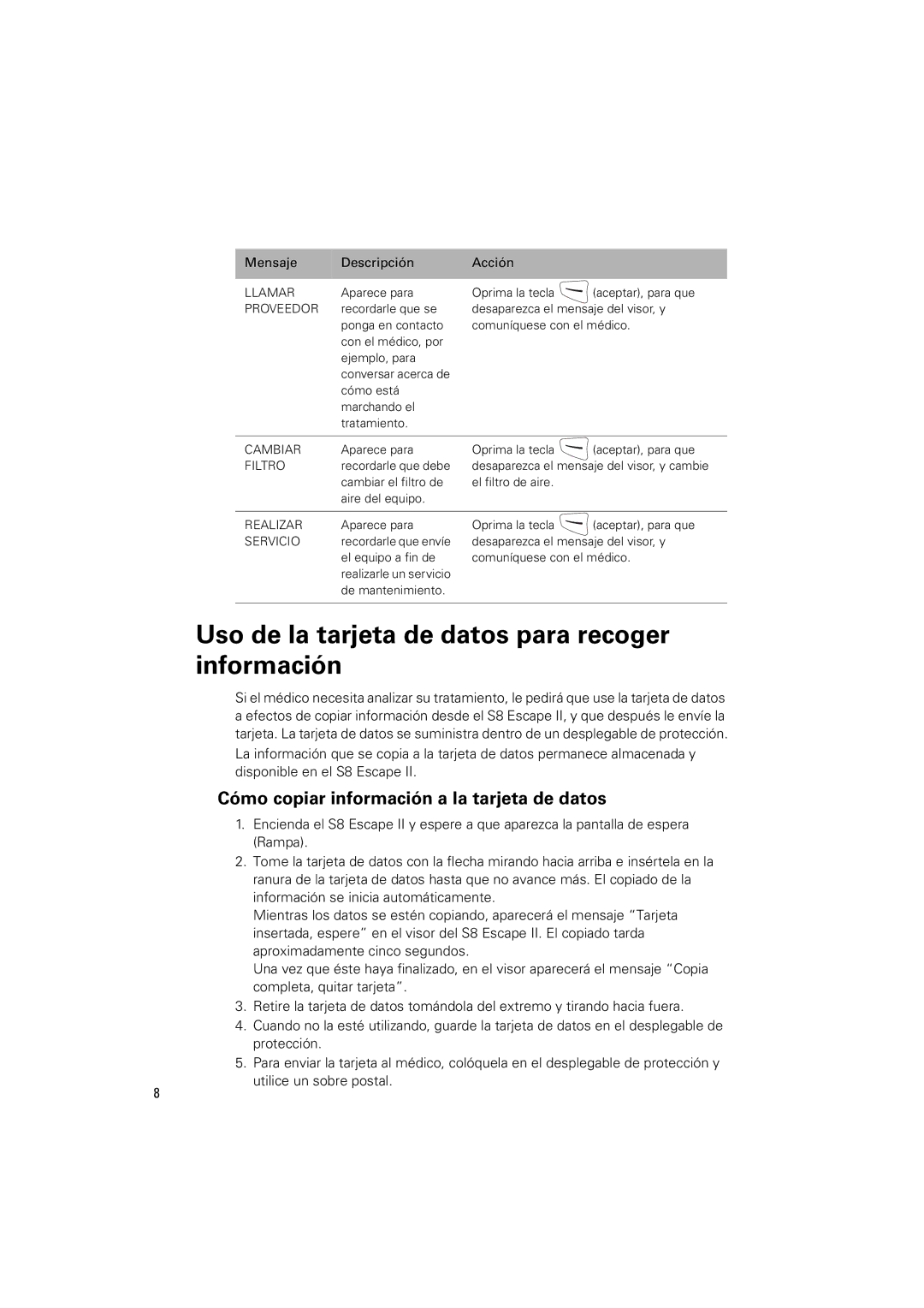 ResMed S8 Escape II Uso de la tarjeta de datos para recoger información, Cómo copiar información a la tarjeta de datos 