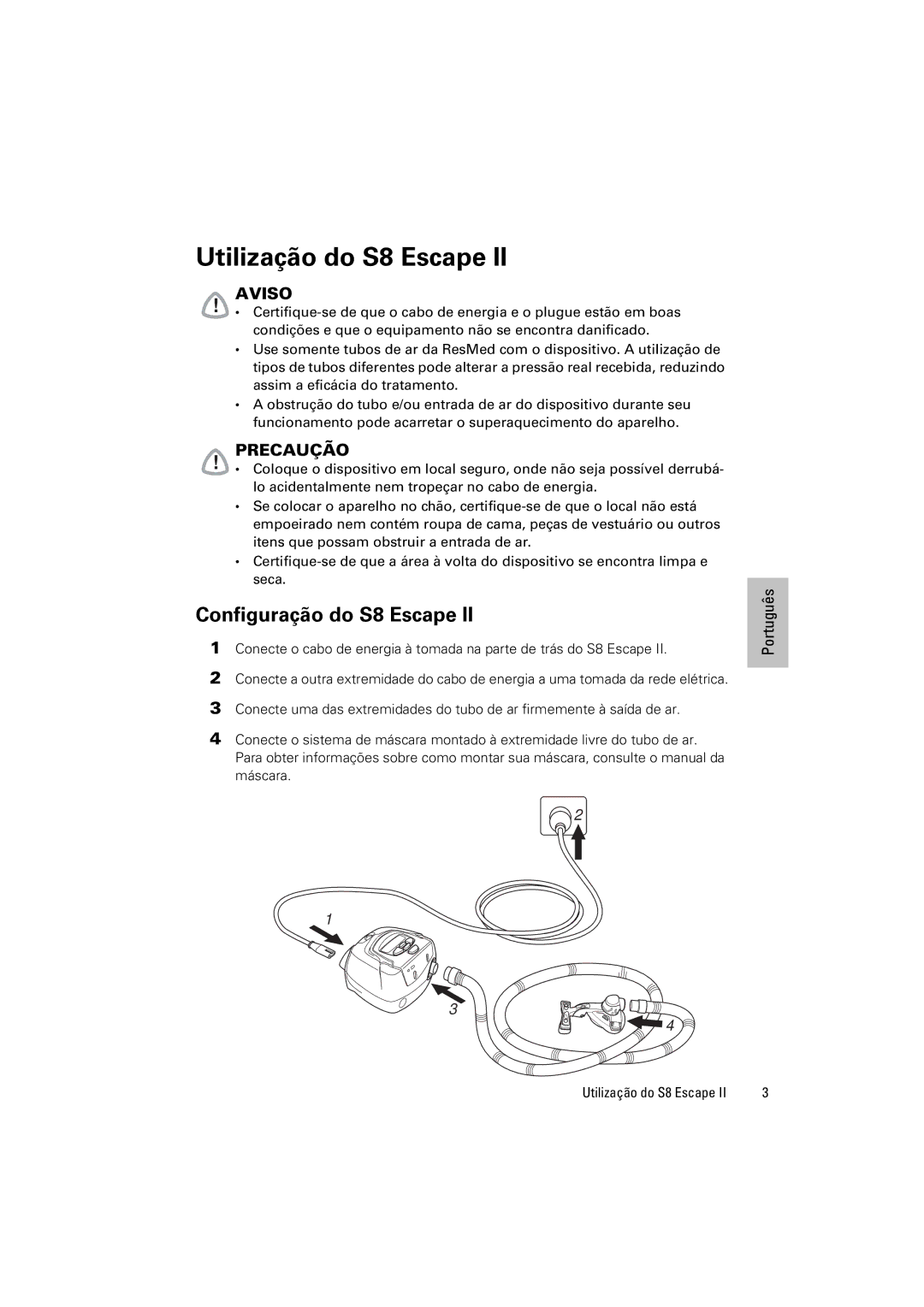 ResMed S8 Escape II manual Utilização do S8 Escape, Configuração do S8 Escape 