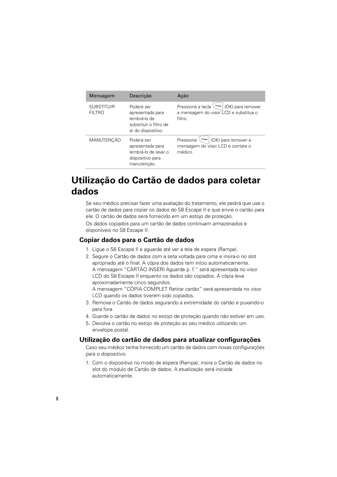 ResMed S8 Escape II manual Utilização do Cartão de dados para coletar dados, Copiar dados para o Cartão de dados 