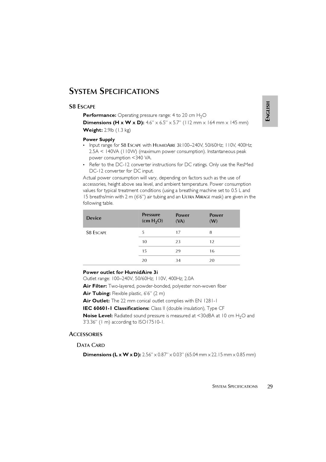 ResMed S8 ESCAPE SYSTEM, s8 user manual System Specifications, Power outlet for HumidAire 