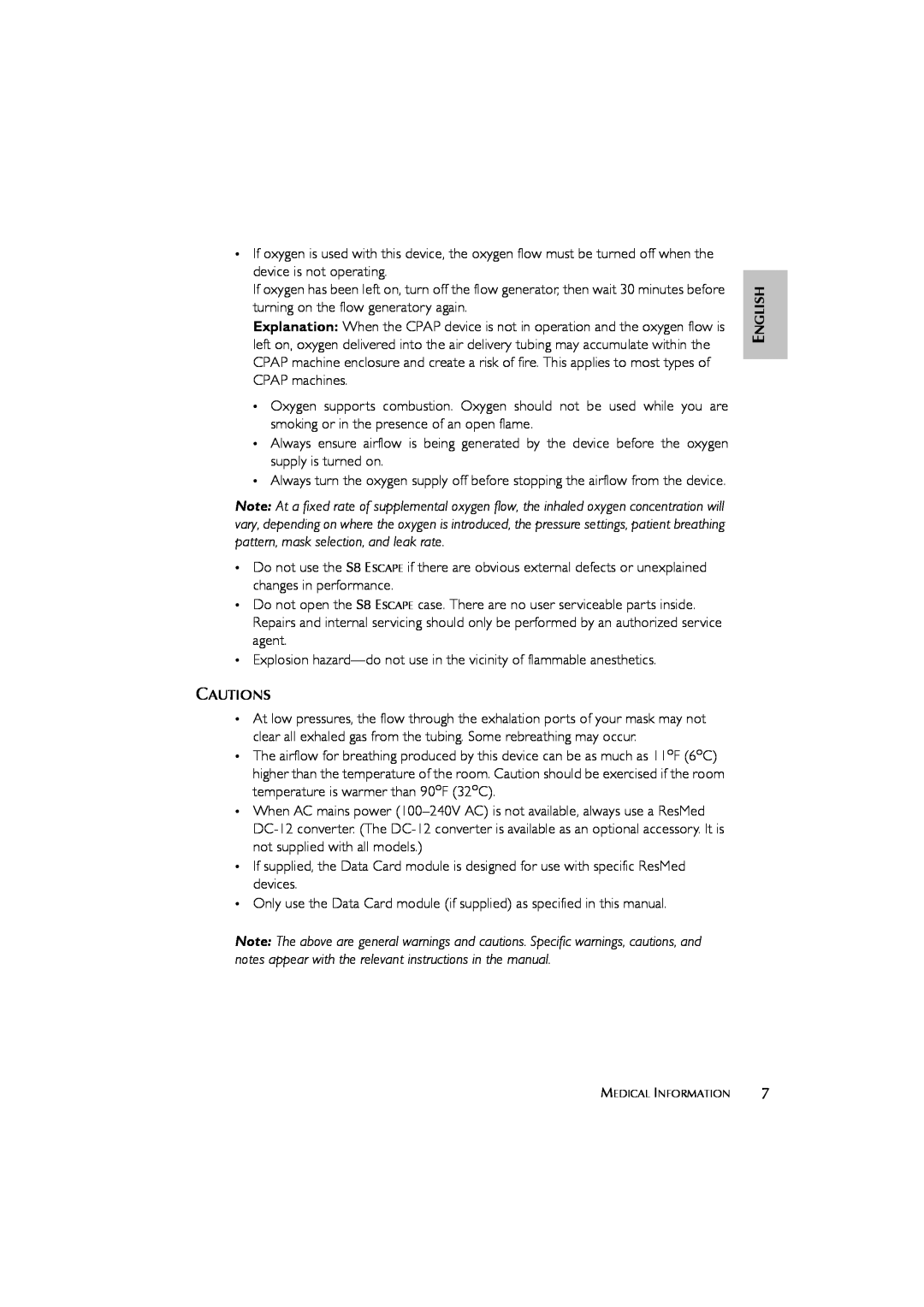 ResMed S8 ESCAPE SYSTEM, s8 user manual Cautions, English 