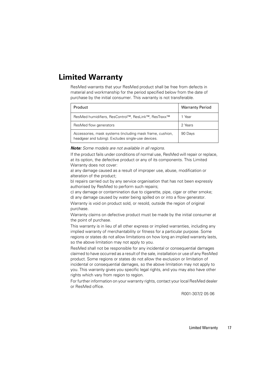 ResMed S8 AutoScore II, S8 Series II manual Limited Warranty 