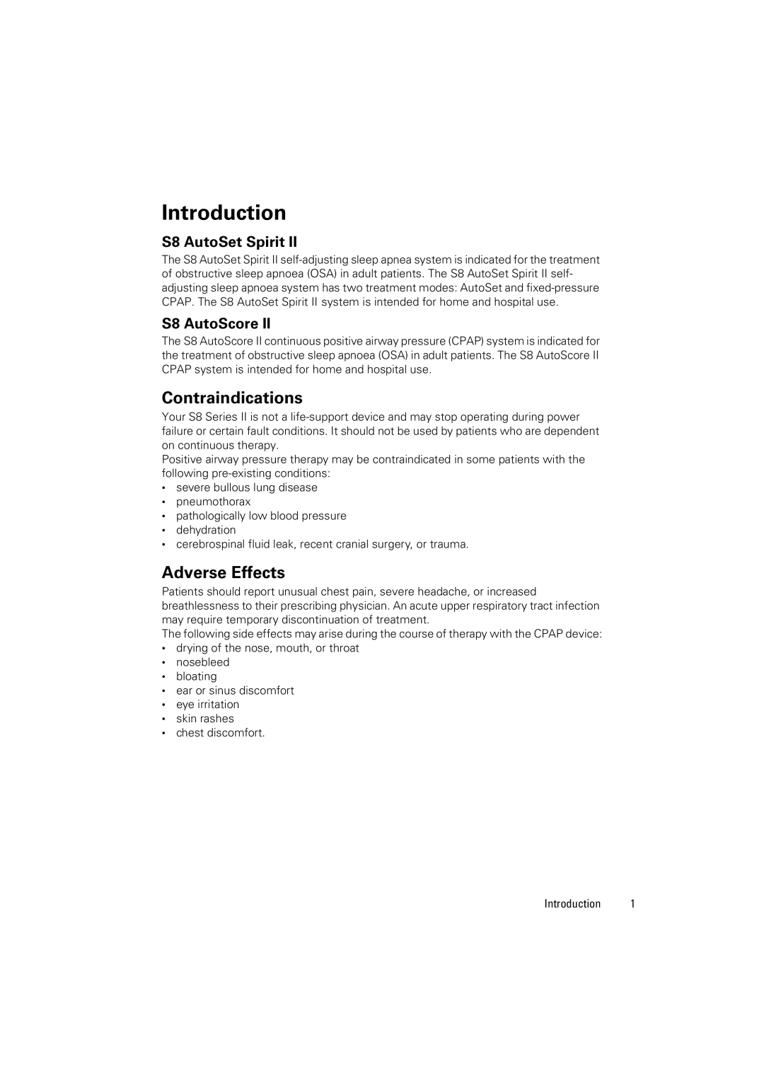 ResMed S8 AutoScore II, S8 Series II manual Introduction, Contraindications, Adverse Effects 