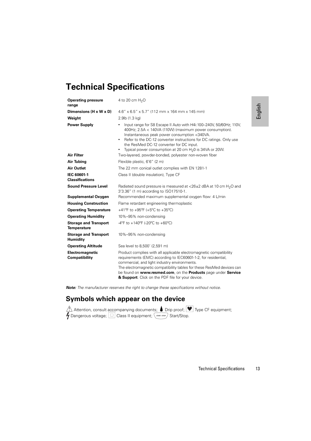 ResMed S8 Escape II Auto, S8 Series II manual Technical Specifications, Symbols which appear on the device 