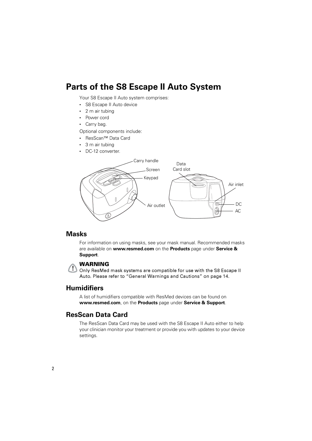 ResMed S8 Series II manual Parts of the S8 Escape II Auto System, Masks, Humidifiers ResScan Data Card 