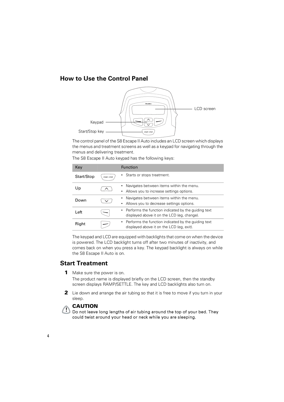 ResMed S8 Series II, S8 Escape II Auto manual How to Use the Control Panel, Start Treatment 