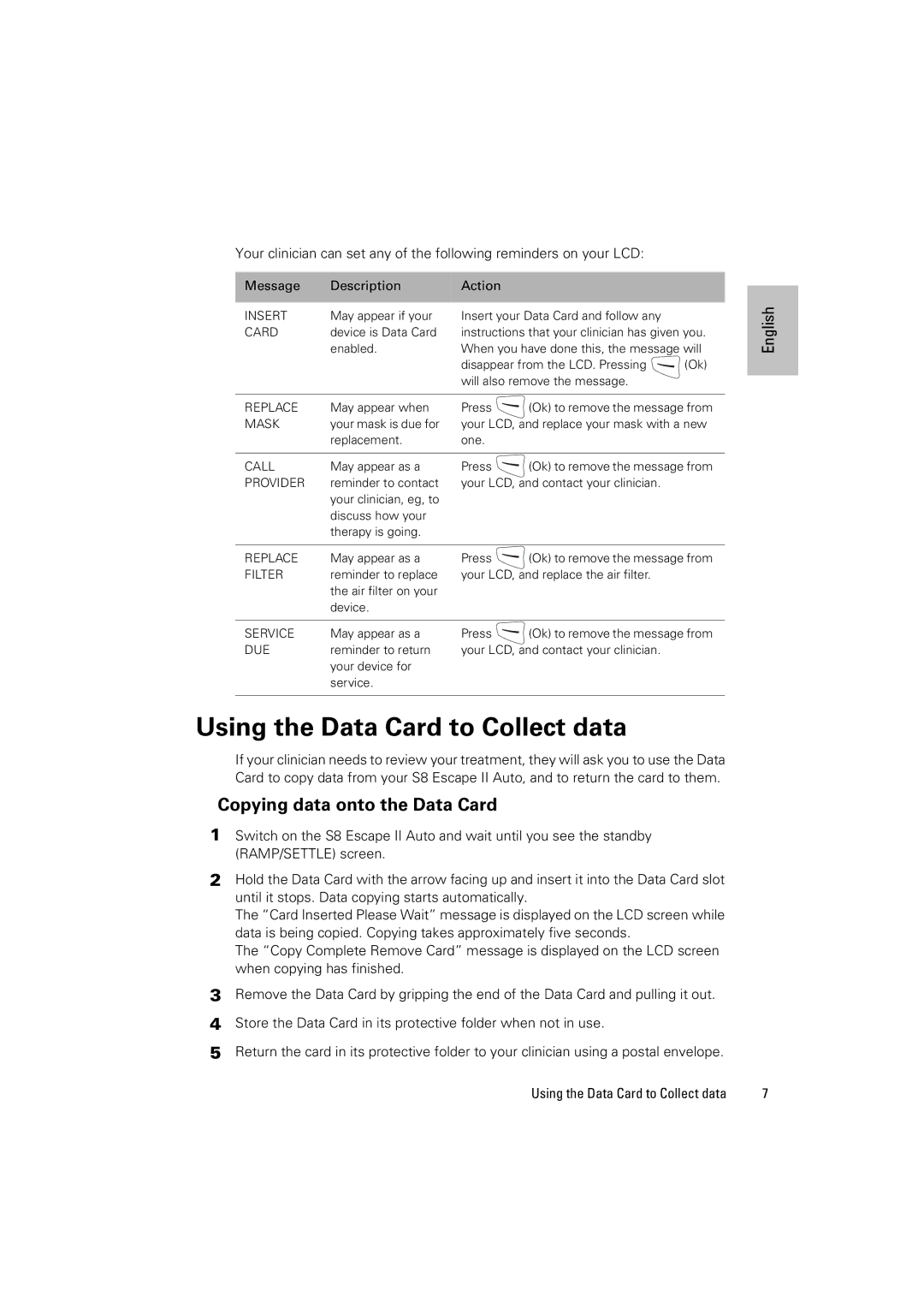 ResMed S8 Escape II Auto, S8 Series II manual Using the Data Card to Collect data, Copying data onto the Data Card 