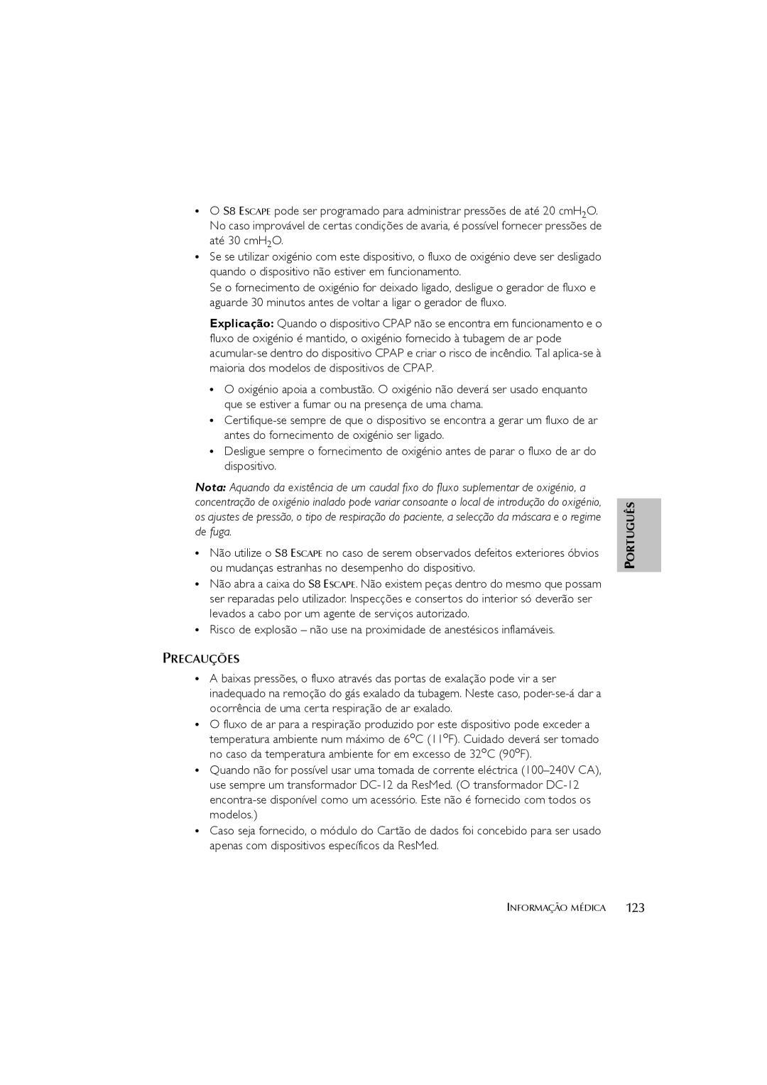 ResMed s8 user manual 123, Precauções 