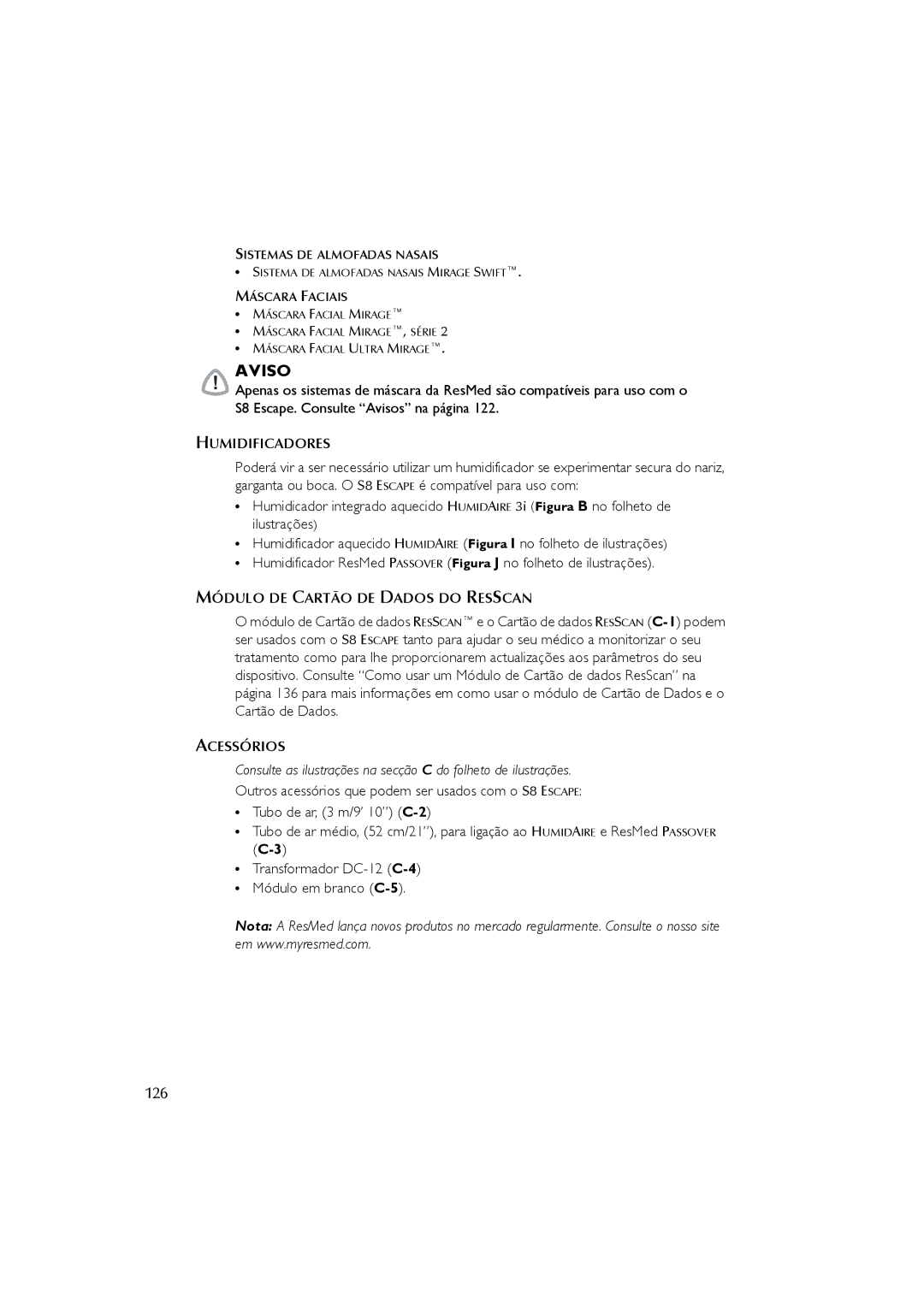 ResMed s8 user manual Transformador DC-12 C-4 Módulo em branco C-5 126, Módulo DE Cartão DE Dados do Resscan, Acessórios 