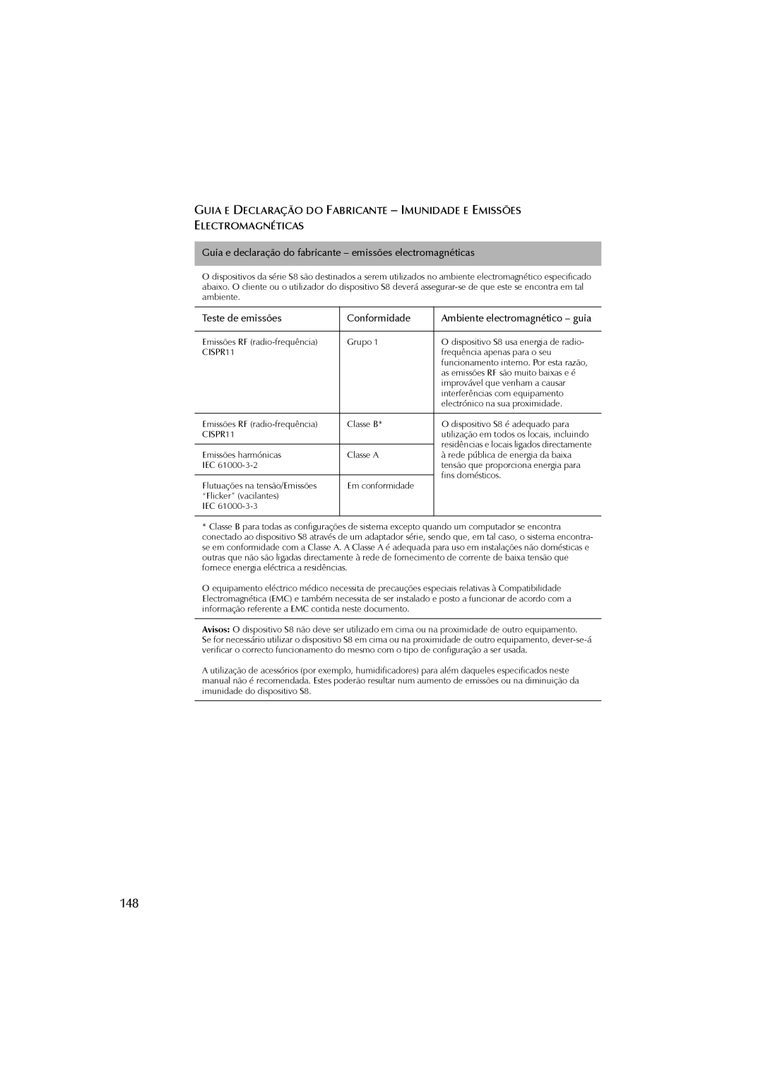 ResMed s8 user manual 148, Guia e declaração do fabricante emissões electromagnéticas 