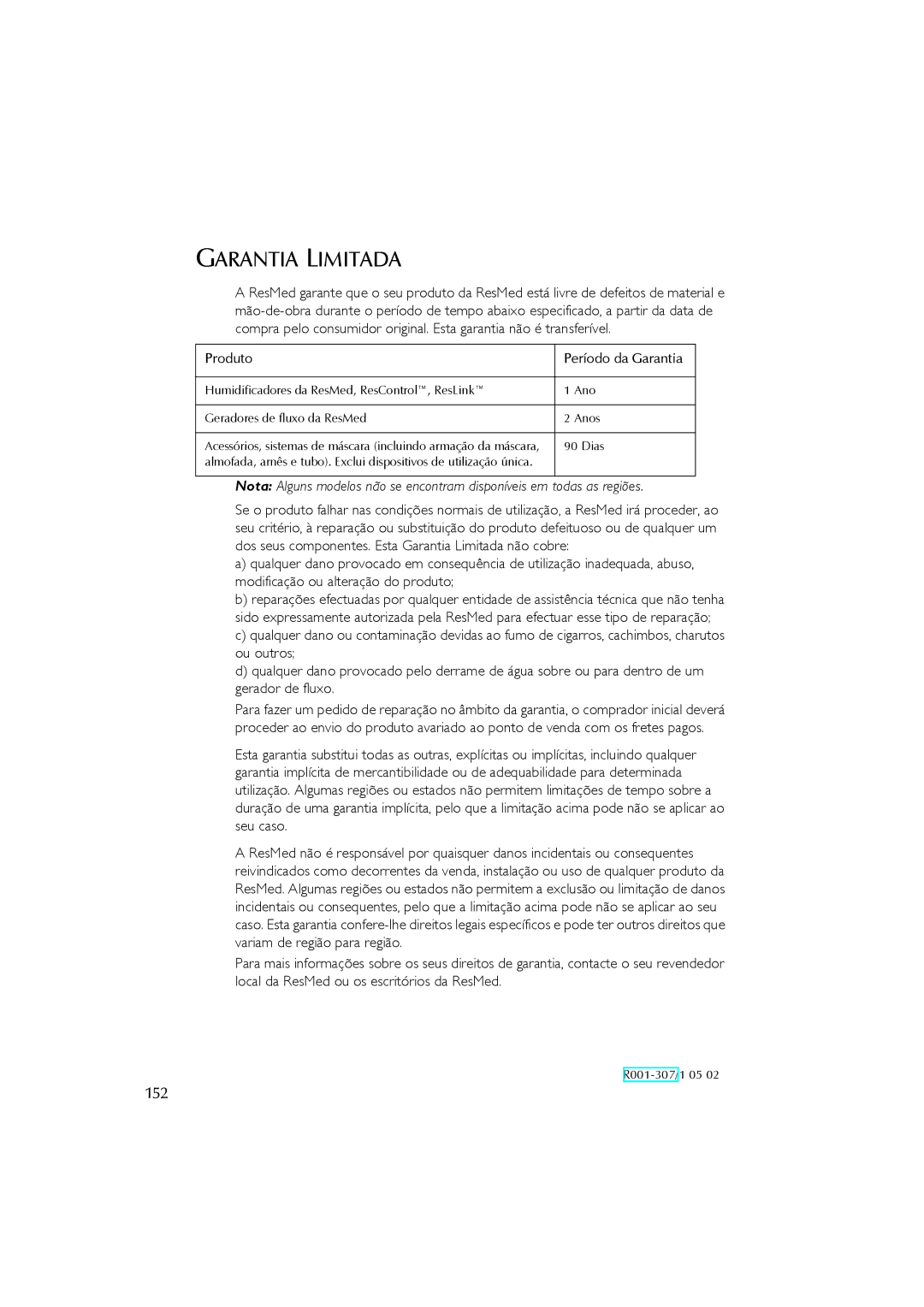 ResMed s8 user manual Garantia Limitada, 152 