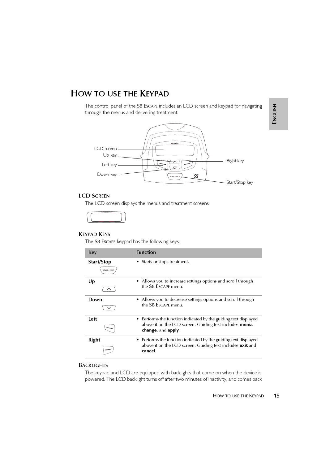 ResMed s8 user manual HOW to USE the Keypad, LCD screen displays the menus and treatment screens, Keypad Keys, Backlights 