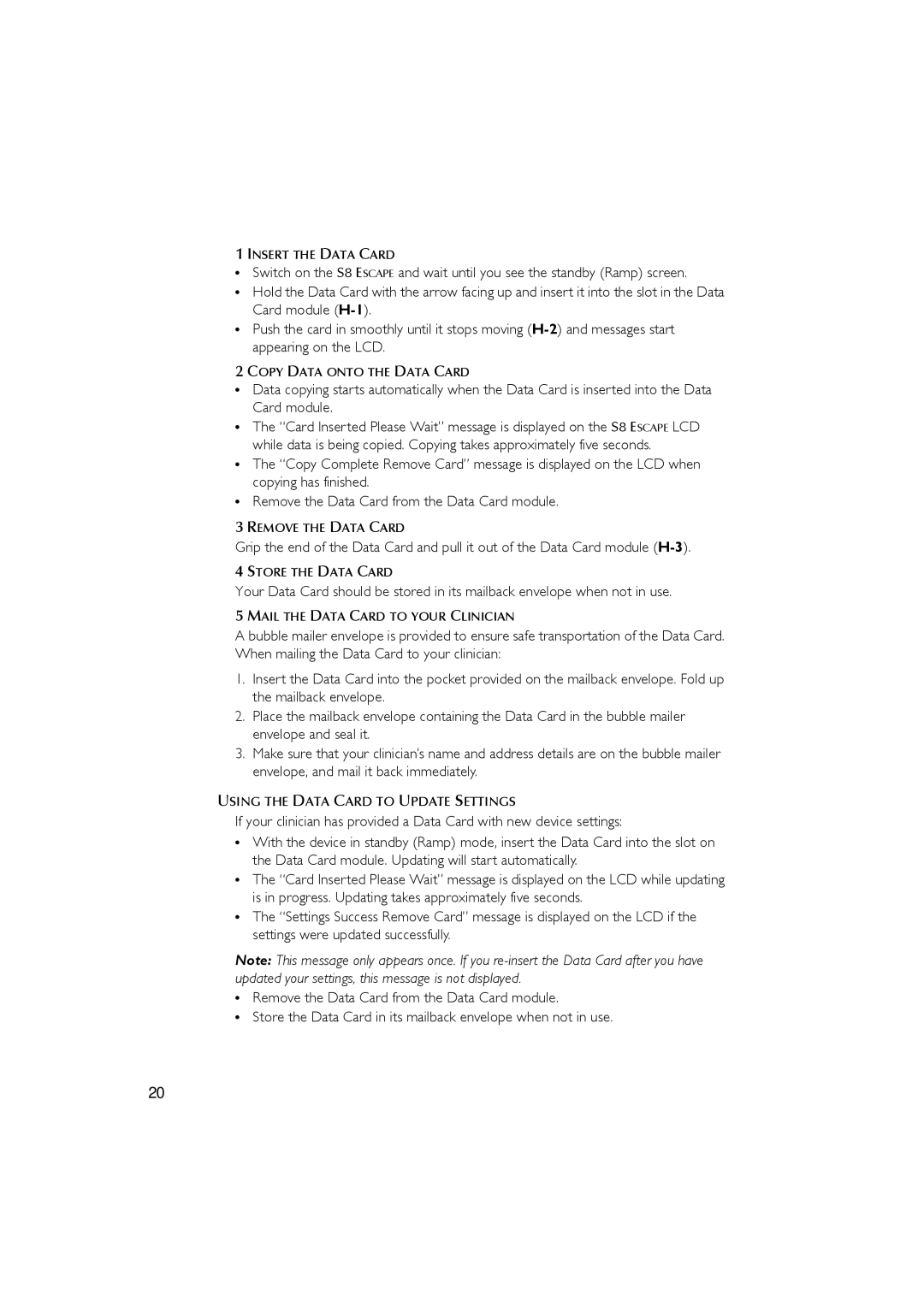 ResMed s8 user manual Insert the Data Card, Copy Data Onto the Data Card, Remove the Data Card, Store the Data Card 
