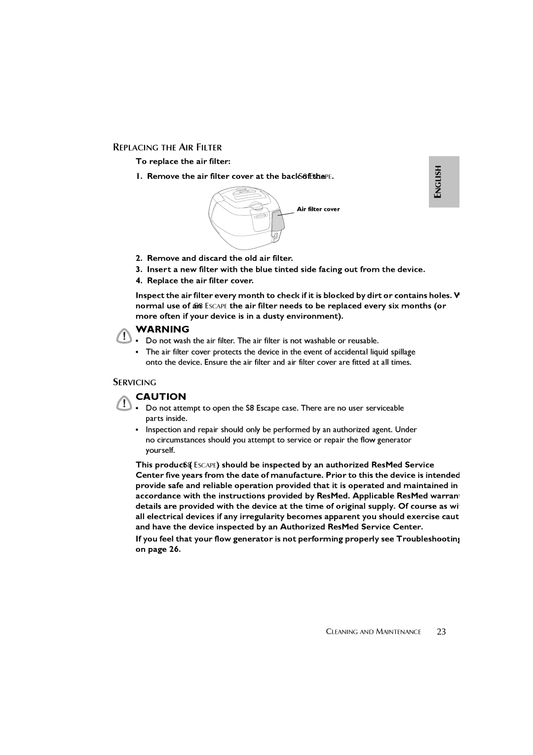 ResMed s8 user manual Replacing the AIR Filter, Servicing 