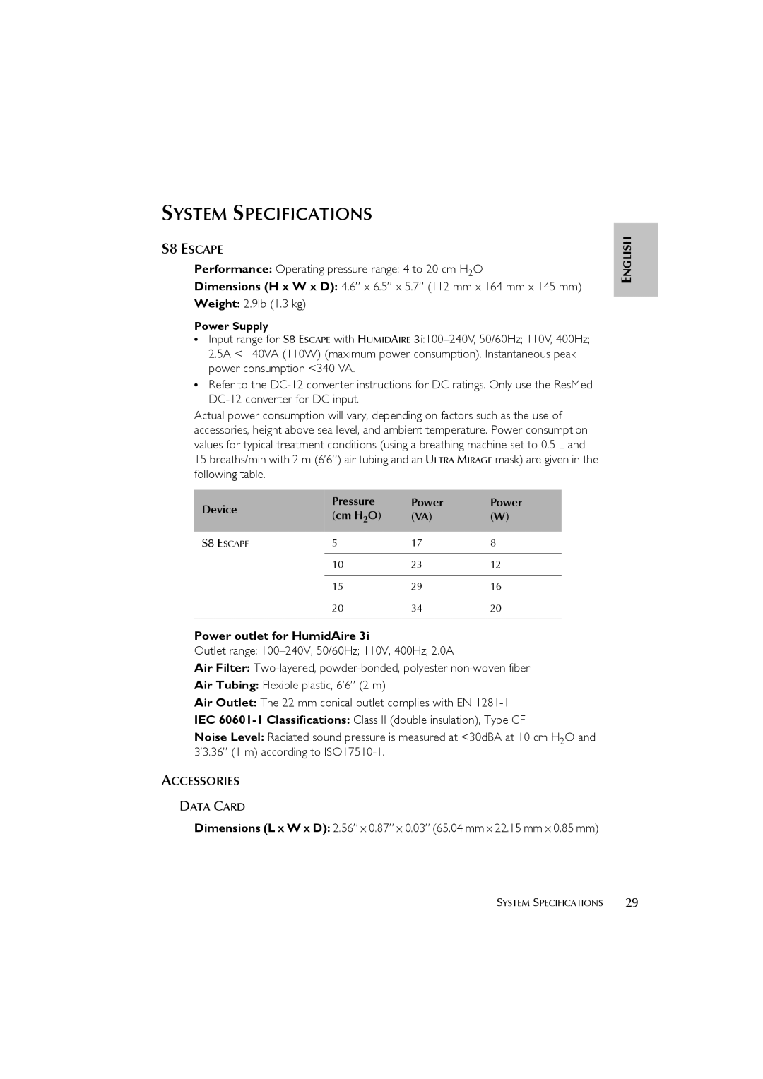 ResMed s8 user manual System Specifications, Data Card 