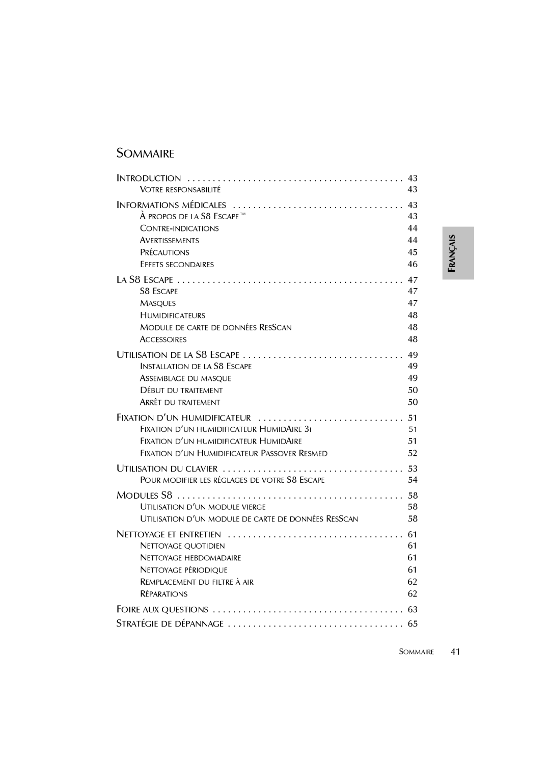 ResMed s8 user manual Sommaire 