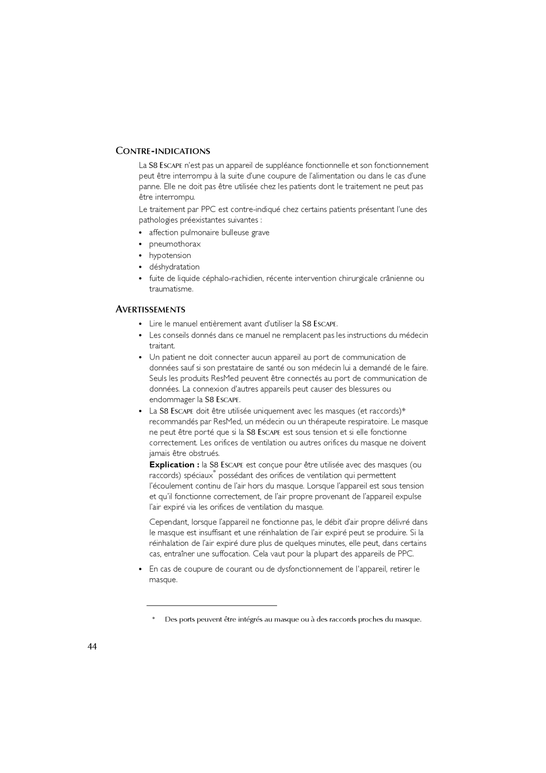 ResMed s8 user manual Contre-Indications, Avertissements 