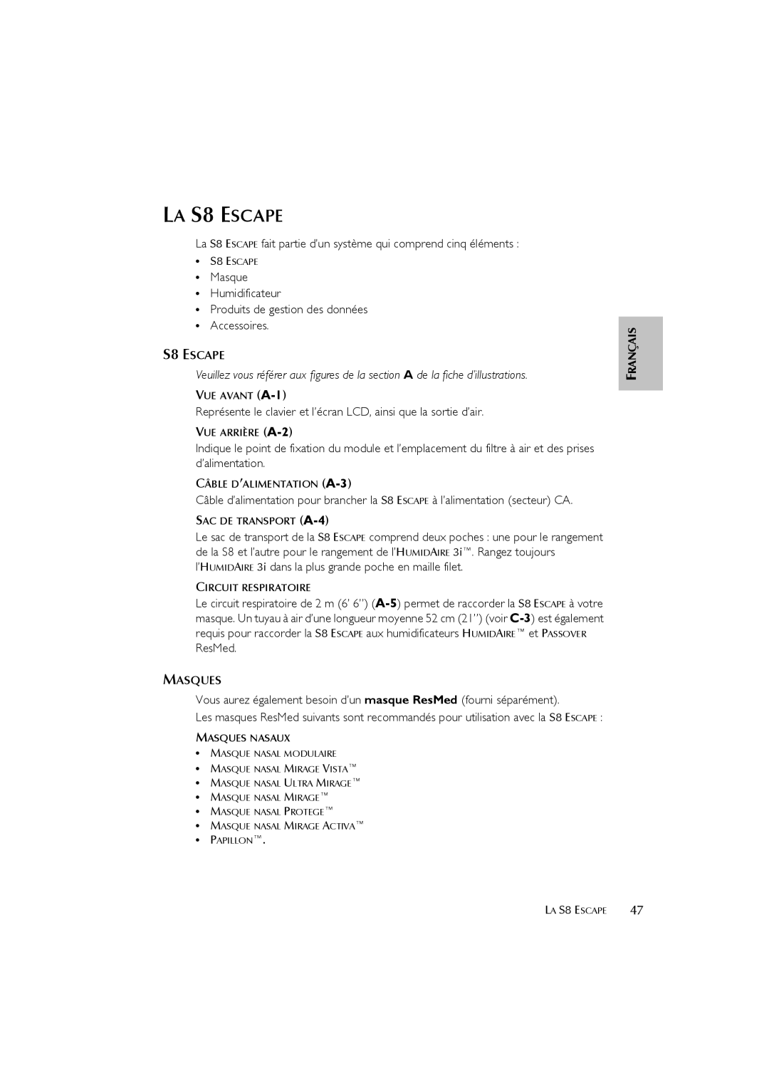 ResMed s8 user manual LA S8 Escape, Masques 