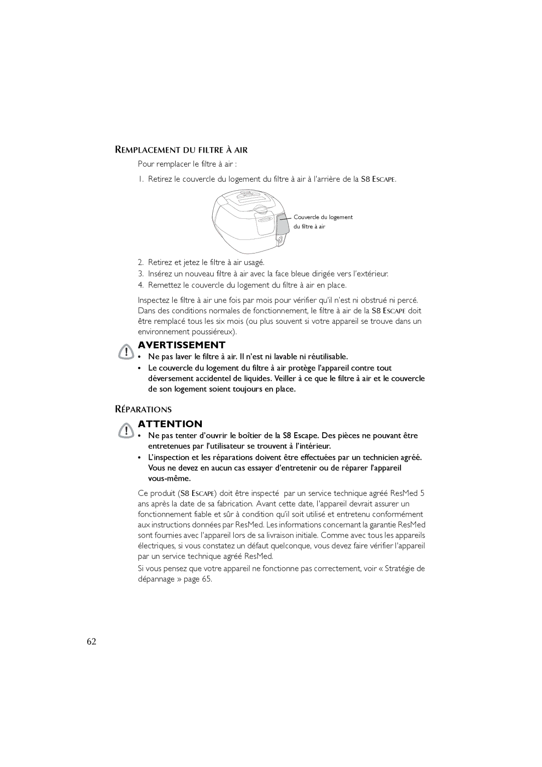 ResMed s8 user manual Remplacement DU Filtre À AIR, Réparations 