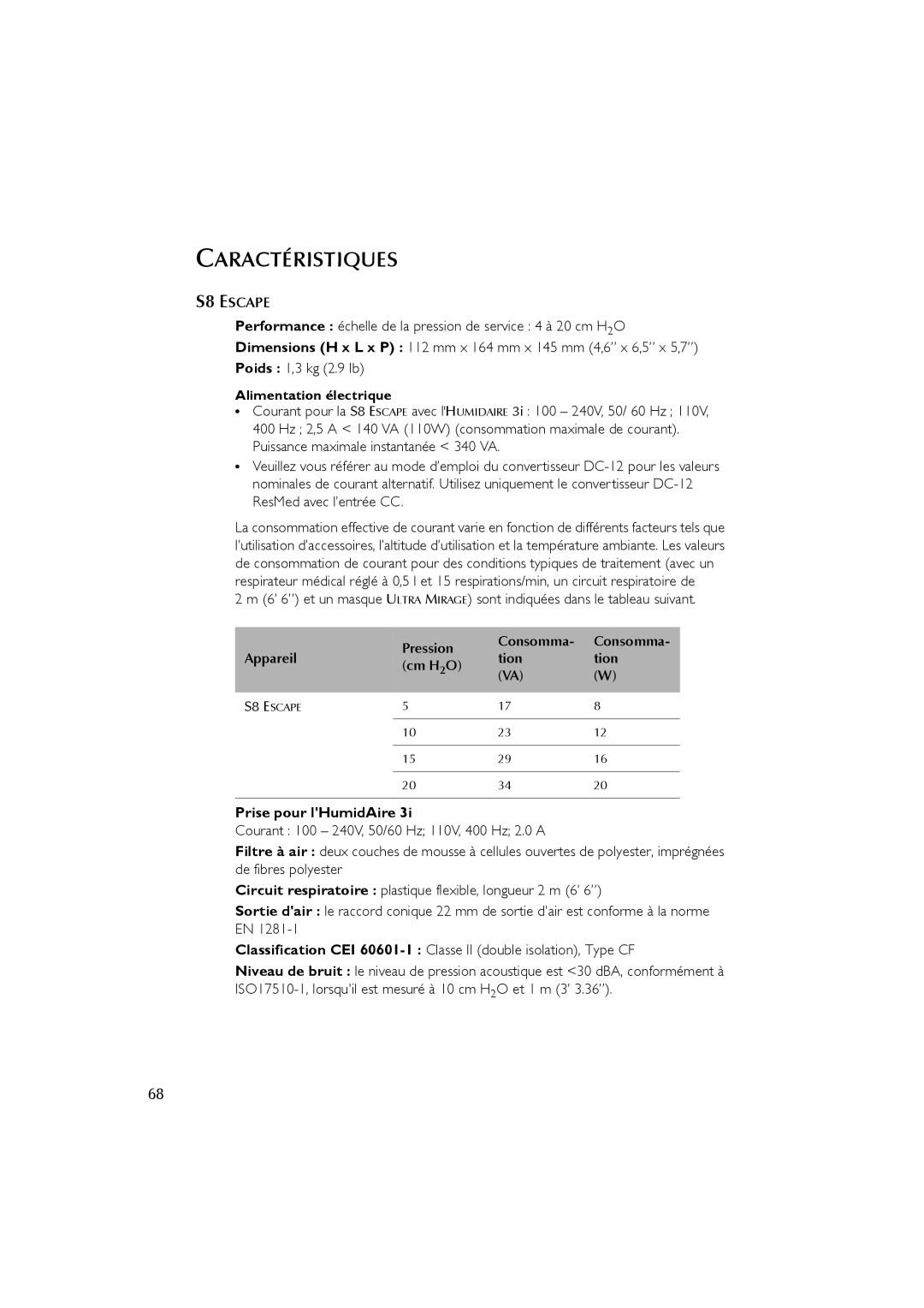 ResMed s8 user manual Caractéristiques, Prise pour lHumidAire 