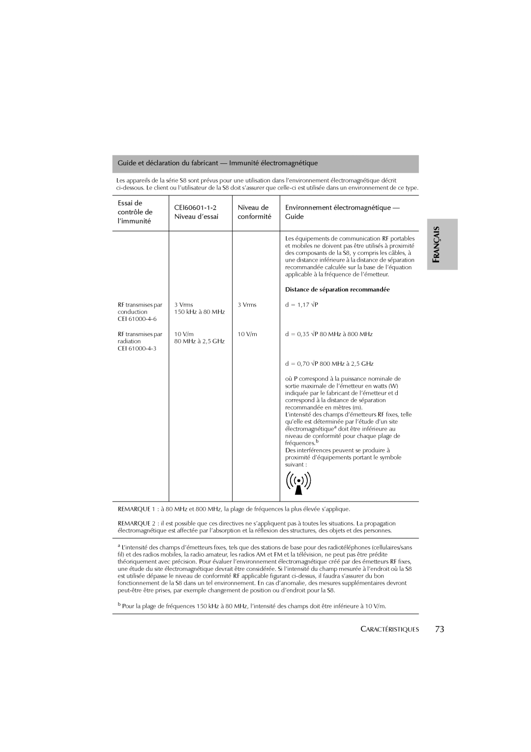 ResMed s8 user manual Distance de séparation recommandée 