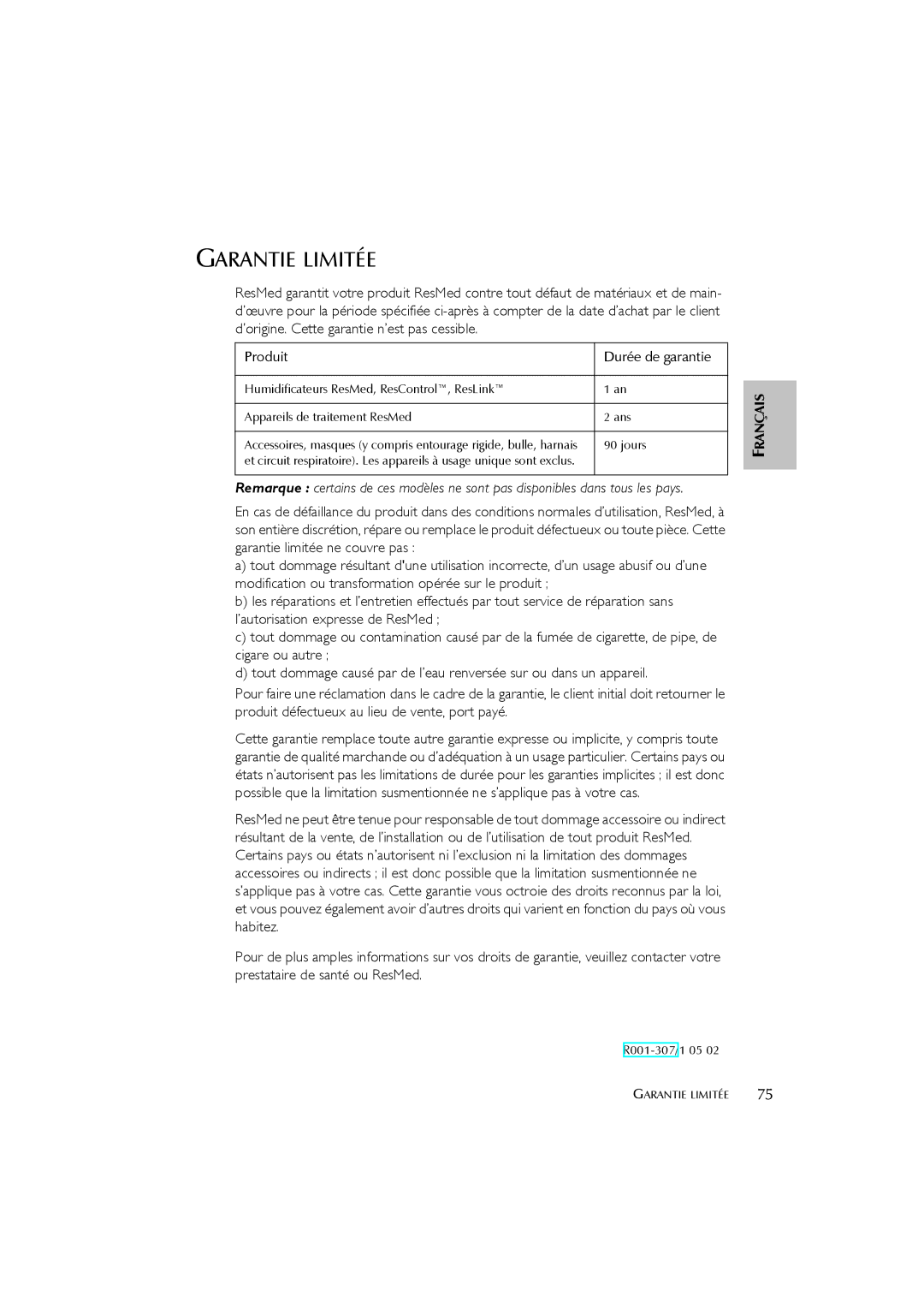 ResMed s8 user manual Garantie Limitée 