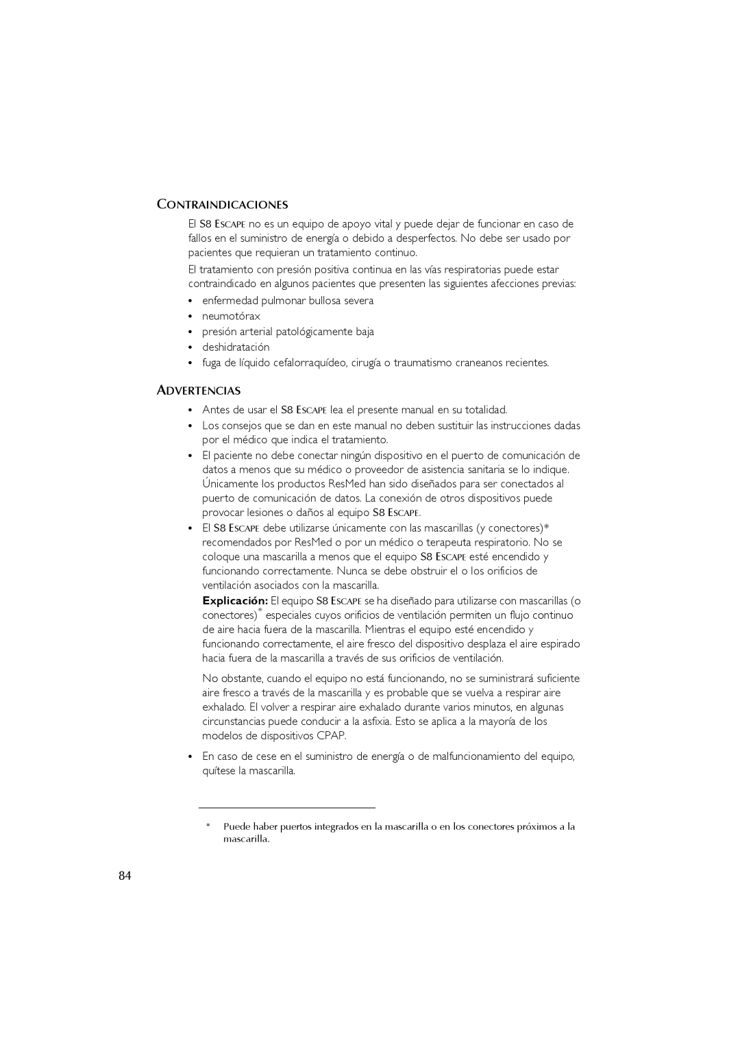 ResMed s8 user manual Contraindicaciones, Advertencias 