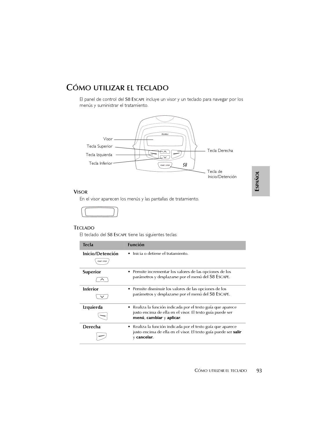 ResMed s8 user manual Cómo Utilizar EL Teclado, El teclado del S8 Escape tiene las siguientes teclas, Visor 