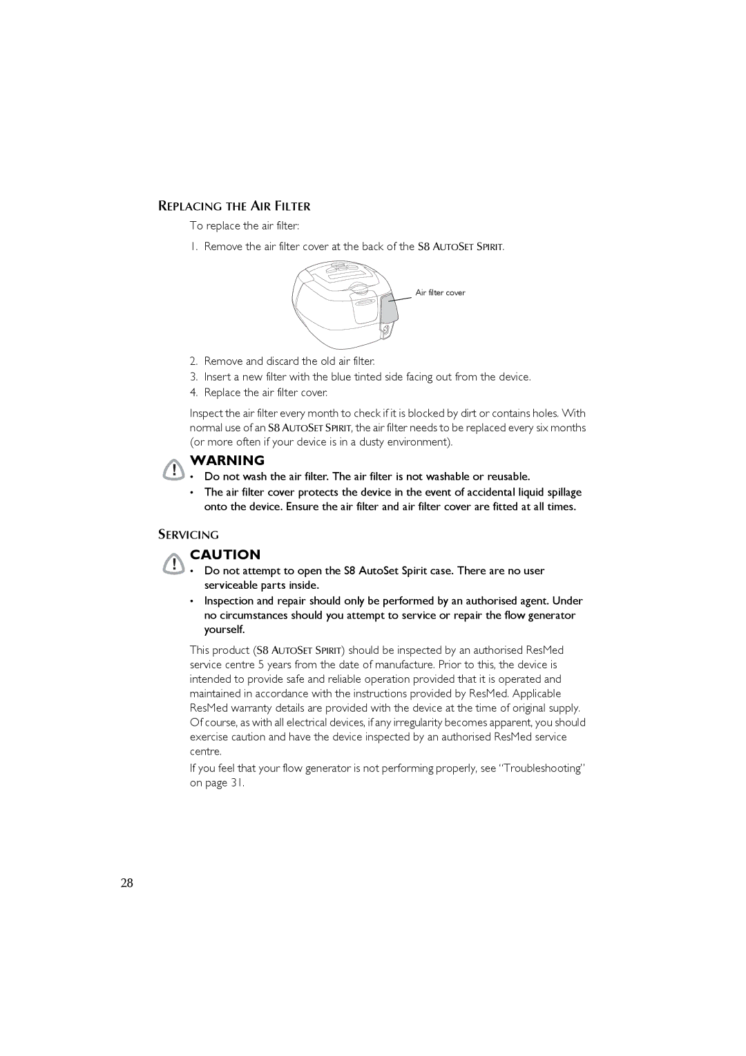 ResMed s8 manual Replacing the AIR Filter 