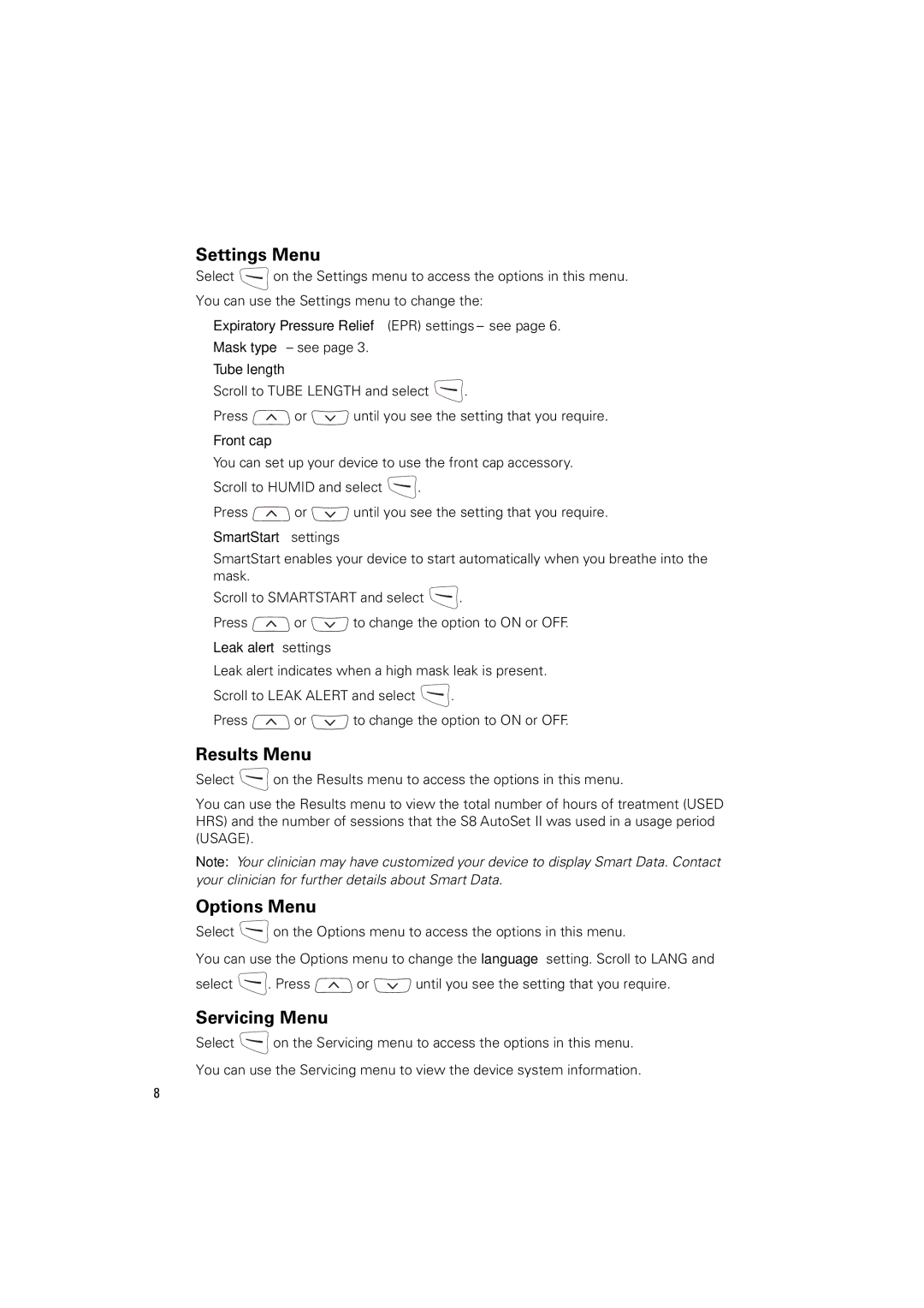 ResMed s8 manual Settings Menu, Results Menu, Options Menu, Servicing Menu 